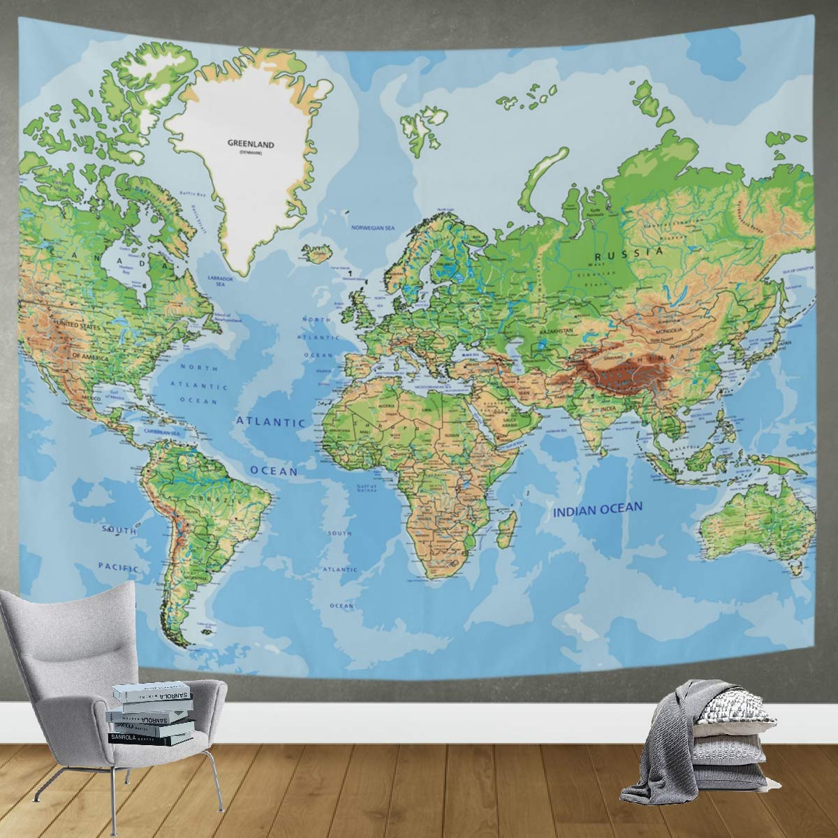 DOMIKING World Map Wall Tapestry - 90x60 Inches Large Wall Hanging Decor for Bedroom, Living Room & Office | Trippy Physical Map Design for Boho Home Decor | Perfect for Dorm Rooms, Meditation Spaces & Hippie Themed Parties