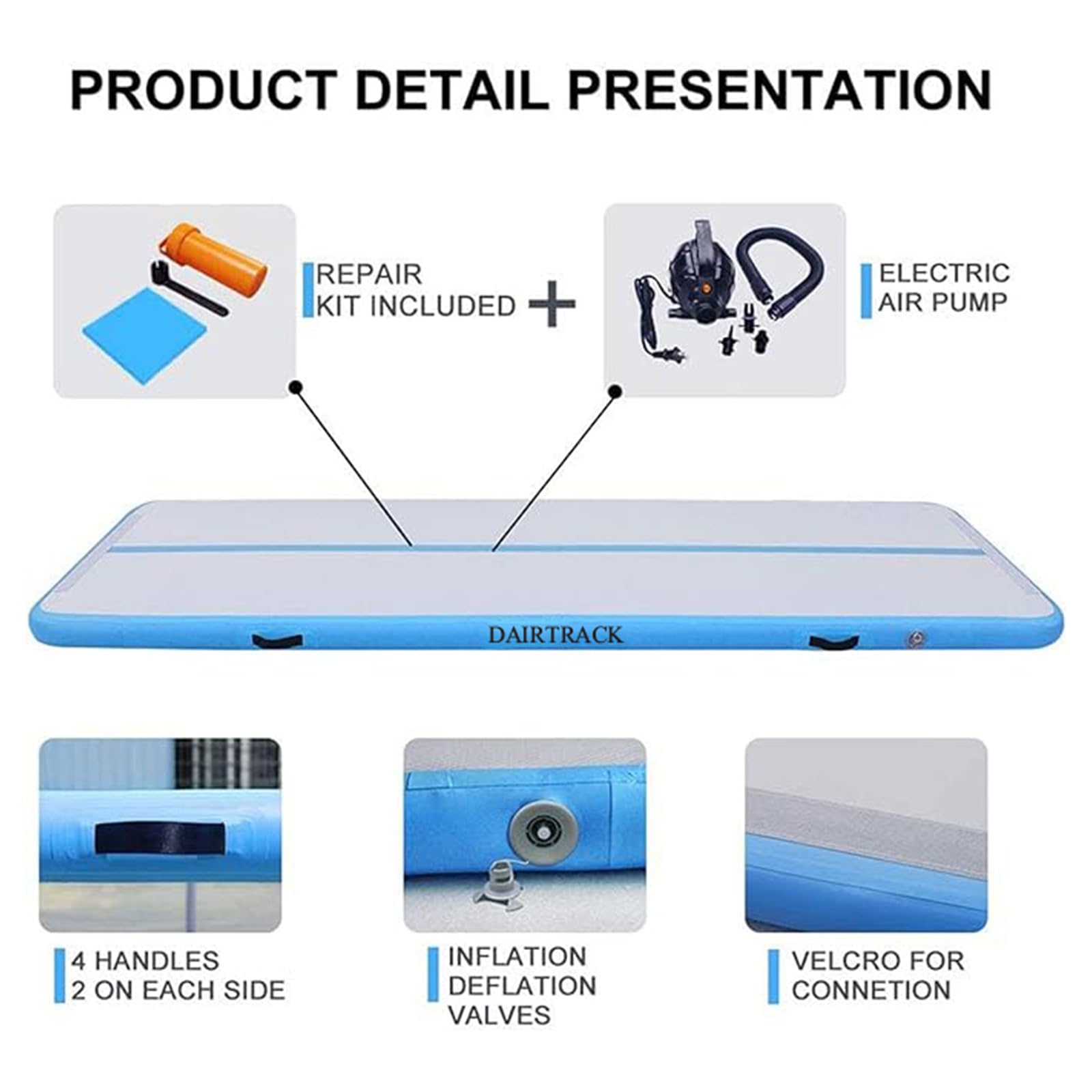DAIRTRACK 13ft 16ft 20ft Inflatable Air Tumbling Mat - Portable Gymnastics Training Equipment for Home Gym, Outdoor Yoga & Cheerleading Practice - Includes Air Pump for Easy Setup