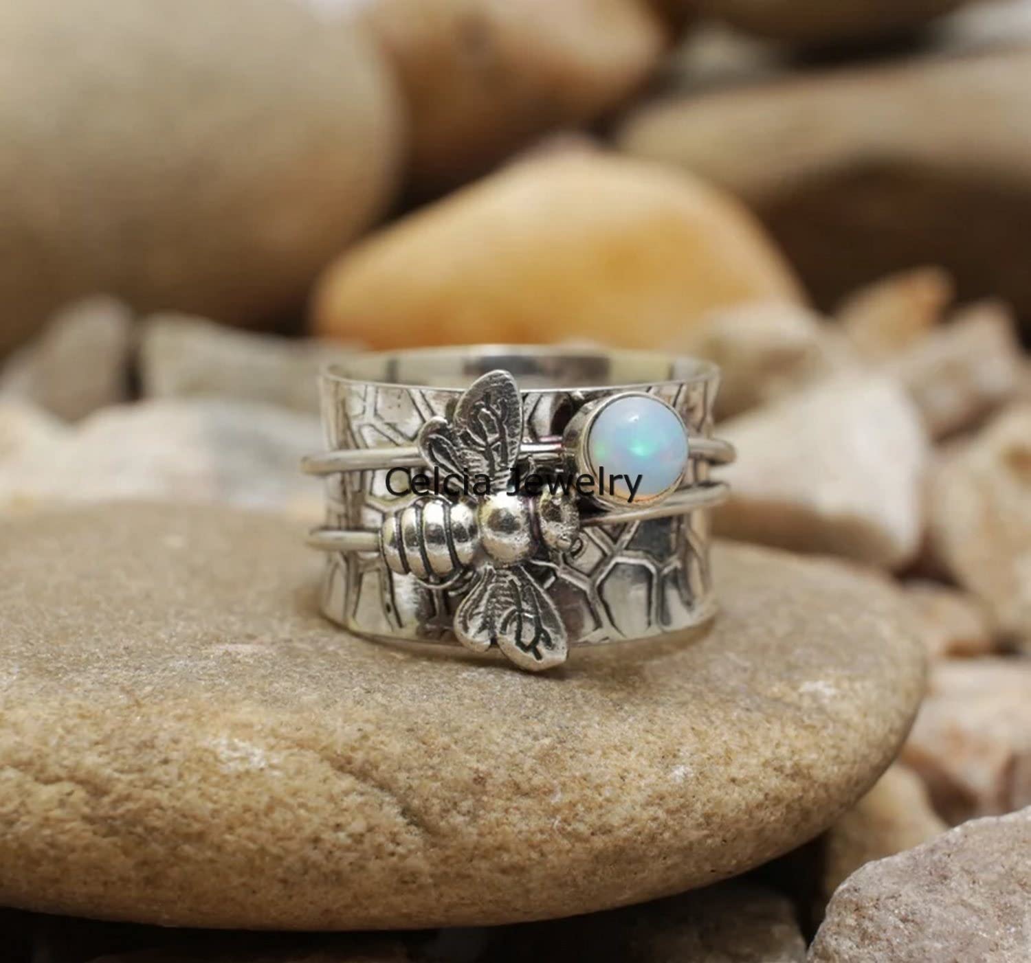 Opal Gemstone Spinner Bee Ring – Handcrafted Spinning Meditation & Anxiety Relief Fidget Ring – October Birthstone Jewelry Gift for Women (US Size 8.5) – Perfect for Stress Relief, Mindfulness Practice & Stylish Everyday Wear