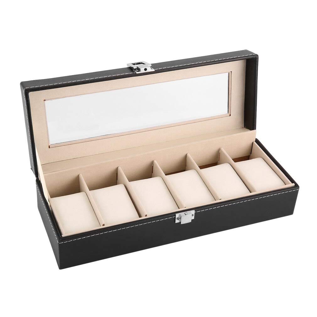 Premium 6-Slot Black PU Leather Watch Box - Luxury Watch Storage Case with Refined Display Slots, Perfect for Wristwatch Collection & Jewelry Organization - Ideal Gift for Watch Enthusiasts & Home Decor Display