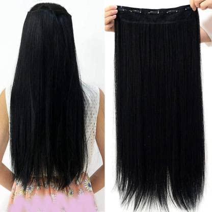 IndusBay 5 Clip-in Straight Synthetic Hair Extensions for Women & Girls - Black (1 Pack) | Perfect for Daily Styling, Parties & Special Occasions
