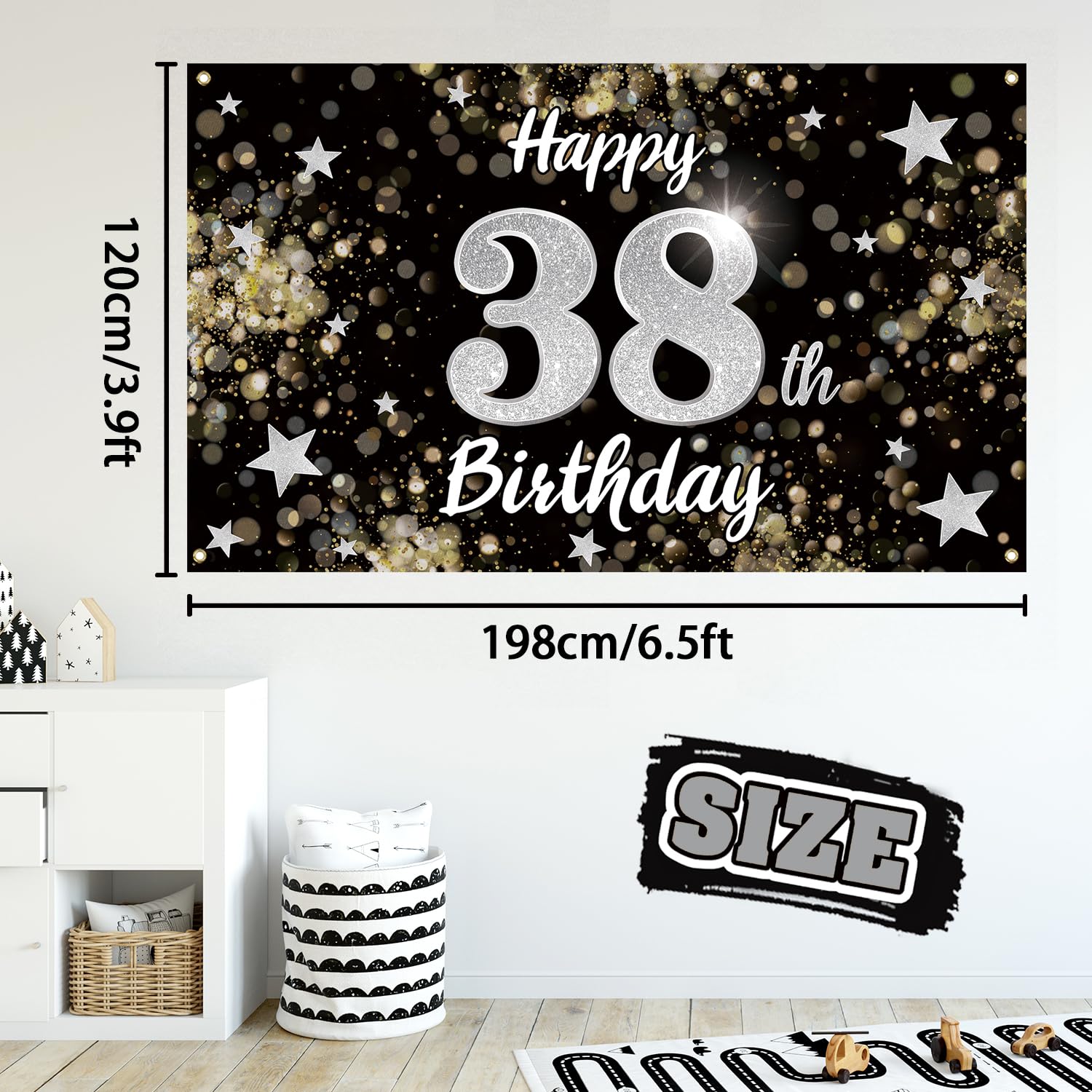38th Birthday Decorations - Black & Silver Dream Star Large Backdrop Banner for 38 Year Old Birthday Party | Cheers to 38 Years Sign | Perfect for Milestone Celebrations, Photo Booths & Home Decor