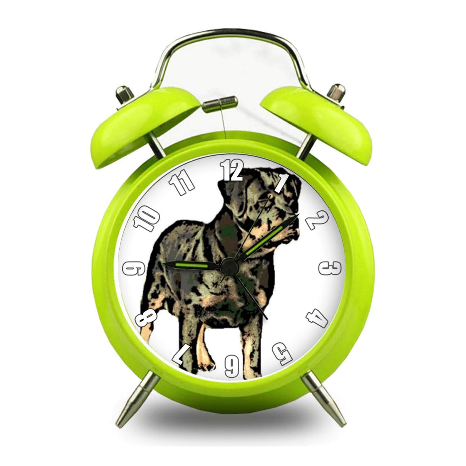 Vintage Double Bell Alarm Clock - 4 Color Options for Kids, Portable & Loud Ringing, Perfect for Bedroom, Desk, or Table Decor - Cute Rottweiler Dog Design, Ideal Gift for Children (Green)