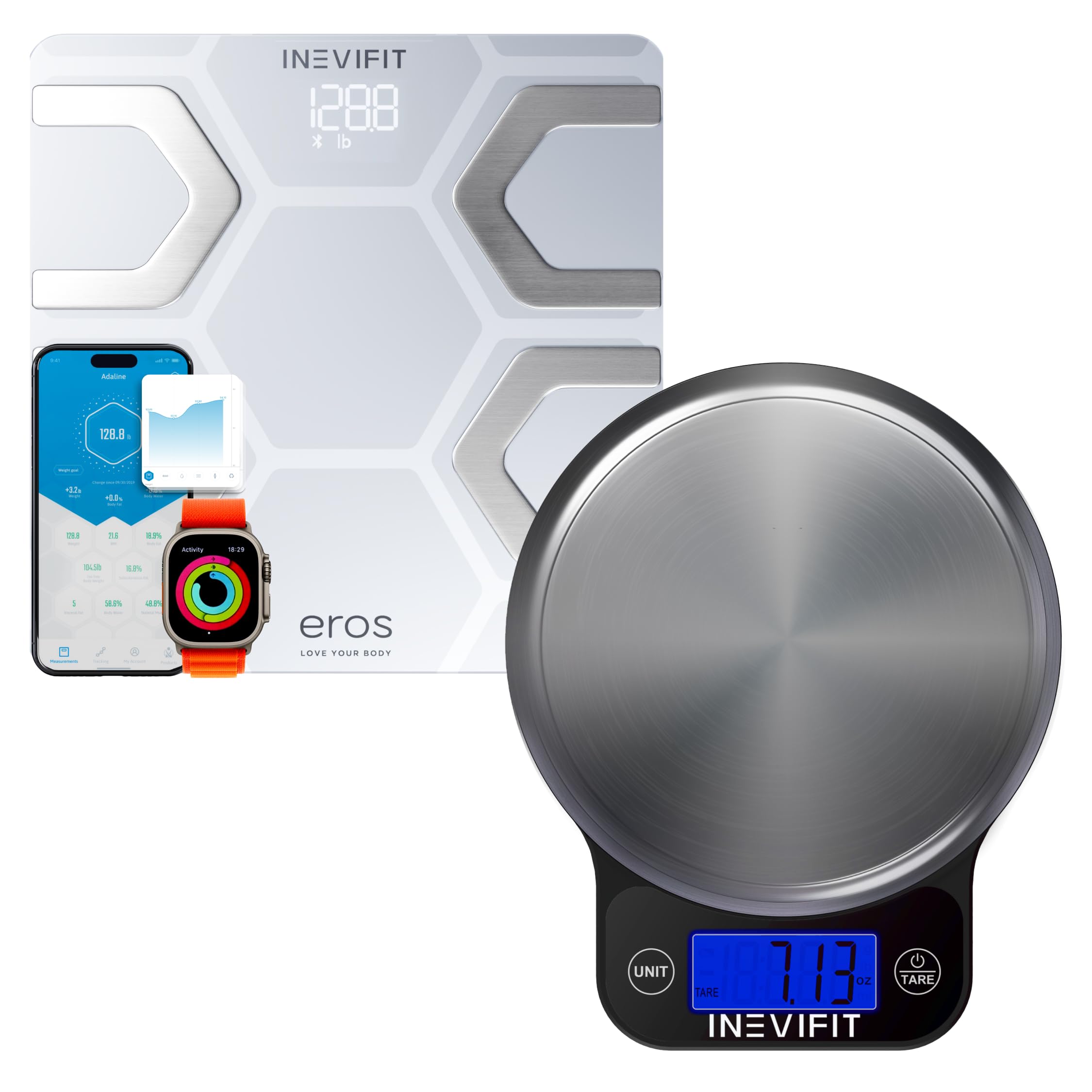 INEVIFIT EROS Bluetooth Smart Body Fat Scale & Digital Kitchen Scale - Fitness Bundle with Body Composition & Nutrition Tracking - Includes Batteries - Perfect for Home Gym & Healthy Cooking