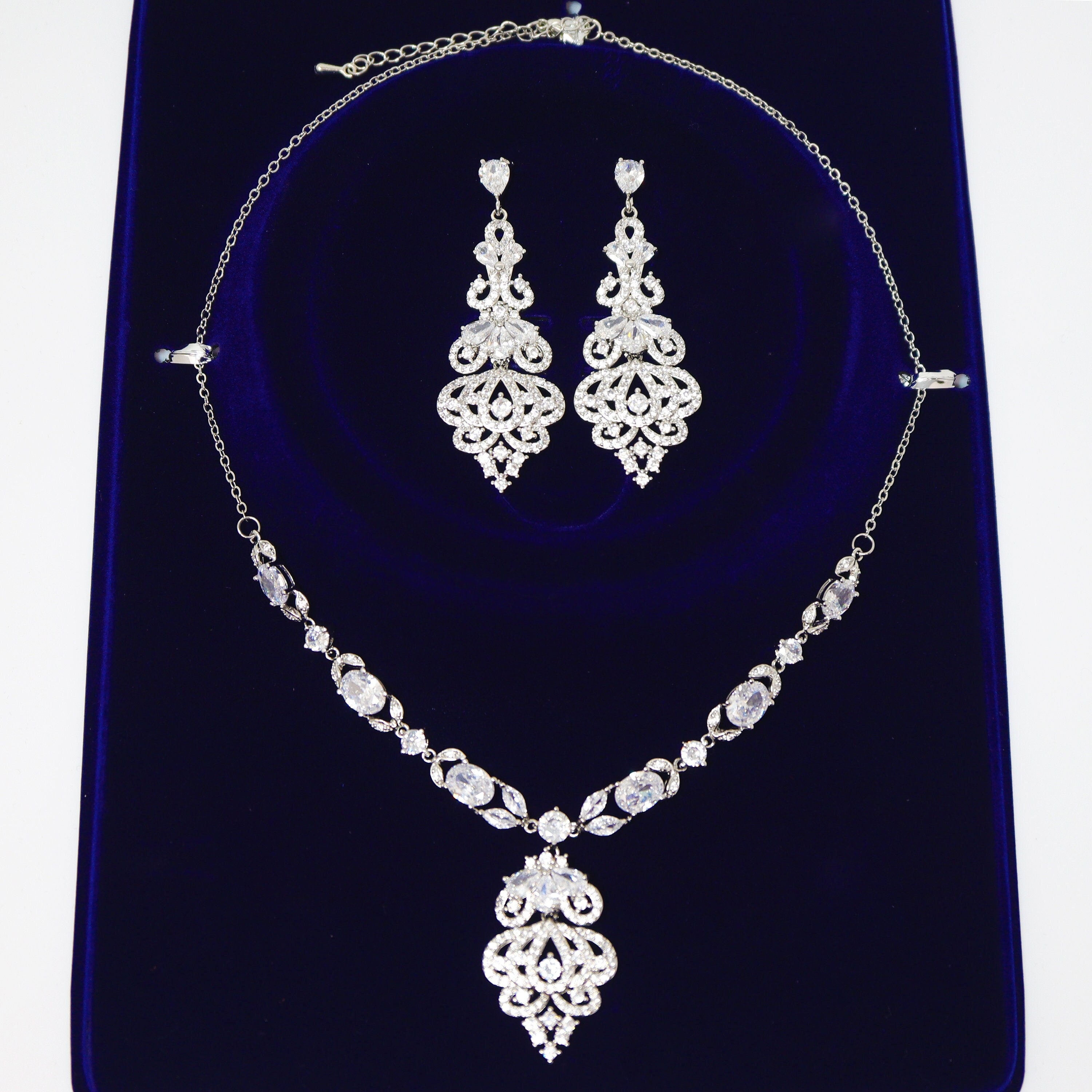Swarovski Crystal Chandelier Necklace Set - Elegant Long Bridal Jewelry with Statement Earrings & CZ Necklace | Perfect for Weddings, Prom, Evening Gala & Special Occasions
