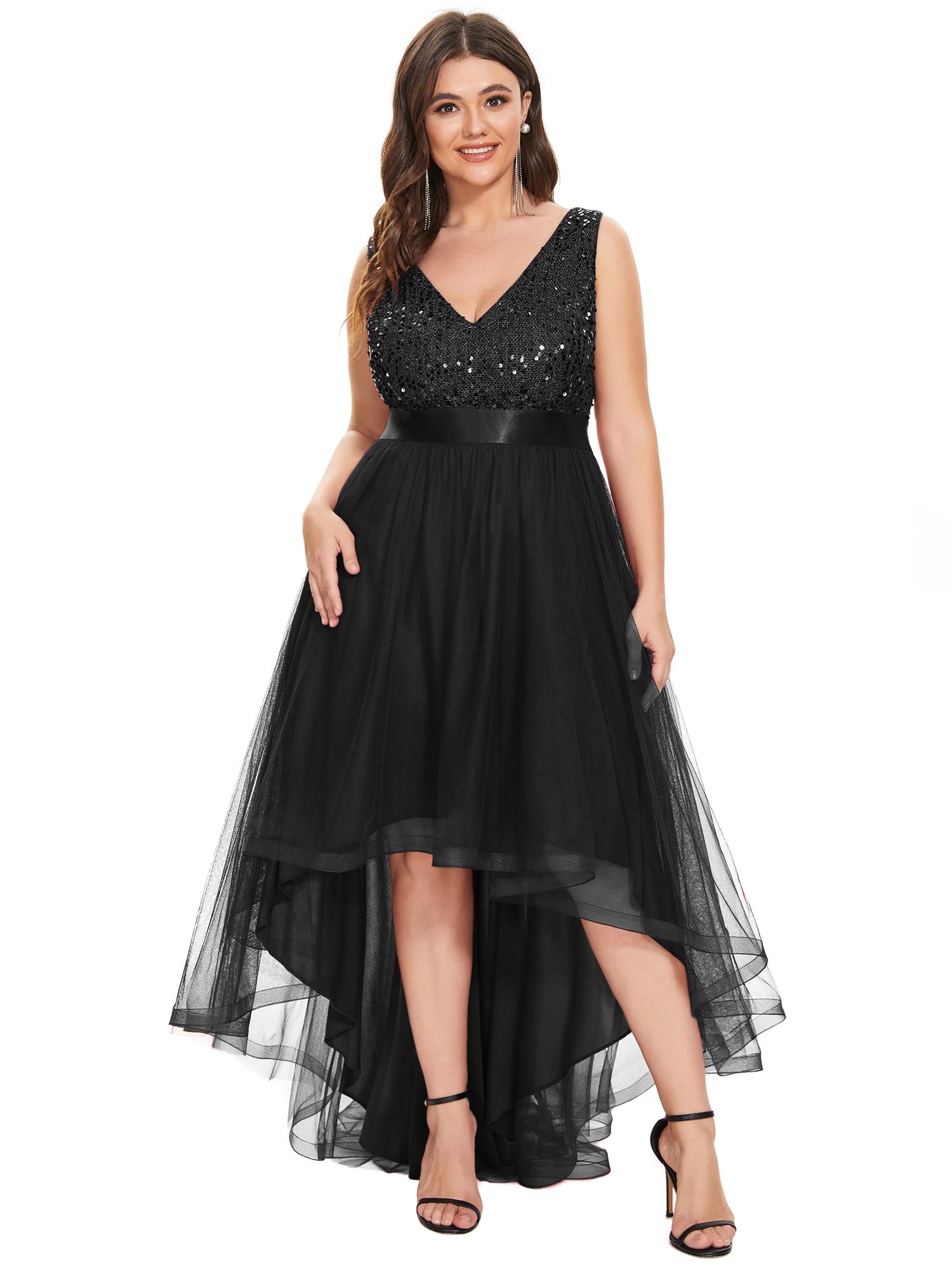 Ever-Pretty Women's Plus Size Double V-Neck A-Line High-Low Sequin Tulle Formal Dress for Curvy Women 0147A-DA | Elegant Evening Gown for Prom, Wedding Guest, Cocktail Party & Special Occasions