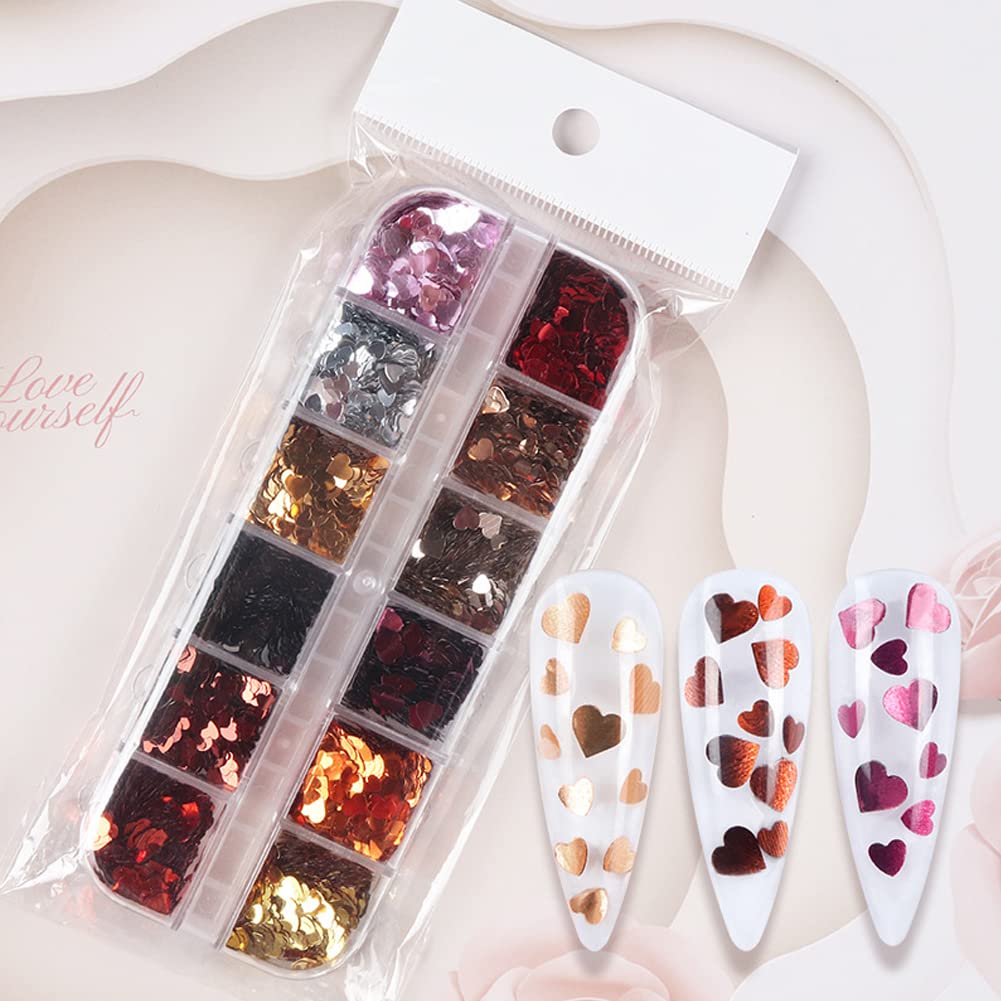 12 Grids Heart Nail Stickers - 3D Holographic Shiny Gold Nail Sequins for Women - Valentine's Day Manicure Decorations, DIY Nail Art Supplies for Party, Wedding, Date Night & Special Occasions