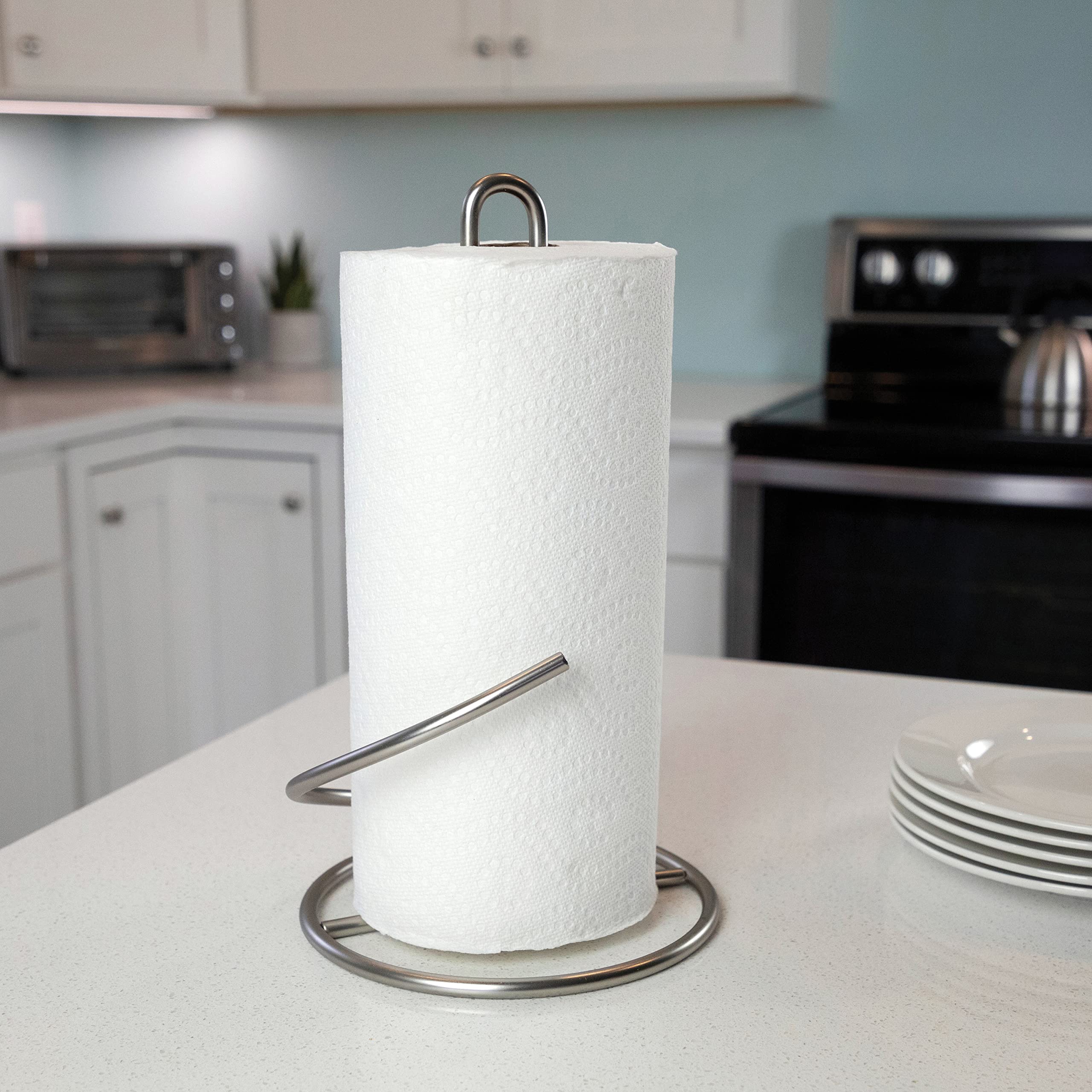 Premium Spectrum Euro Paper Towel Holder in Satin Nickel - Space-Saving Kitchen & Bathroom Organizer for Countertops, Pantry, Laundry Room, RV, and Small Apartments | Durable & Stylish Home Storage Solution