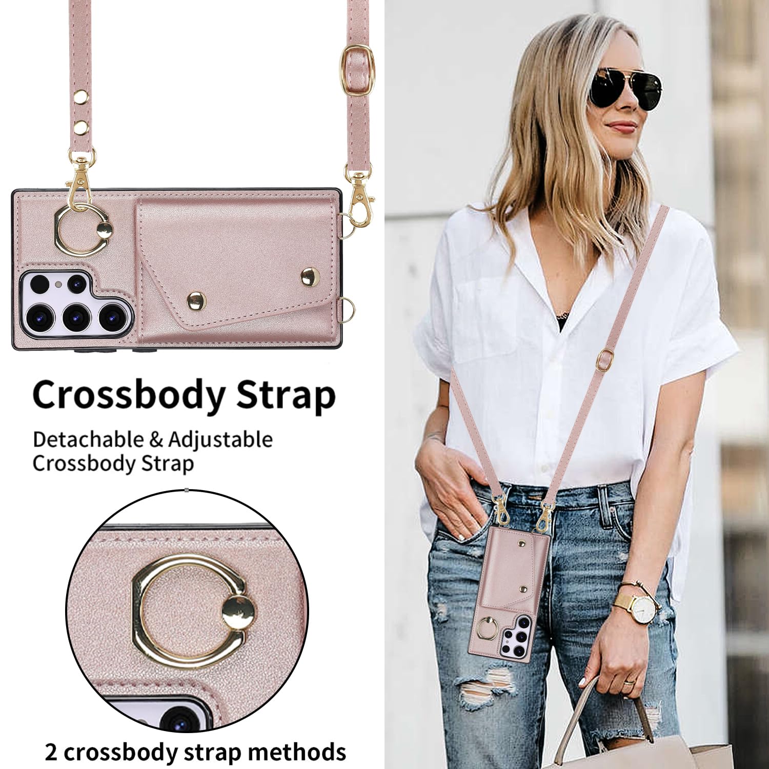 UEEBAI Samsung Galaxy S24 Ultra 5G Wallet Case with Card Slots, Zipper Pocket & Kickstand - Crossbody Phone Purse with Removable Wrist Strap (Rose Gold) - Perfect for Travel, Shopping & Everyday Use