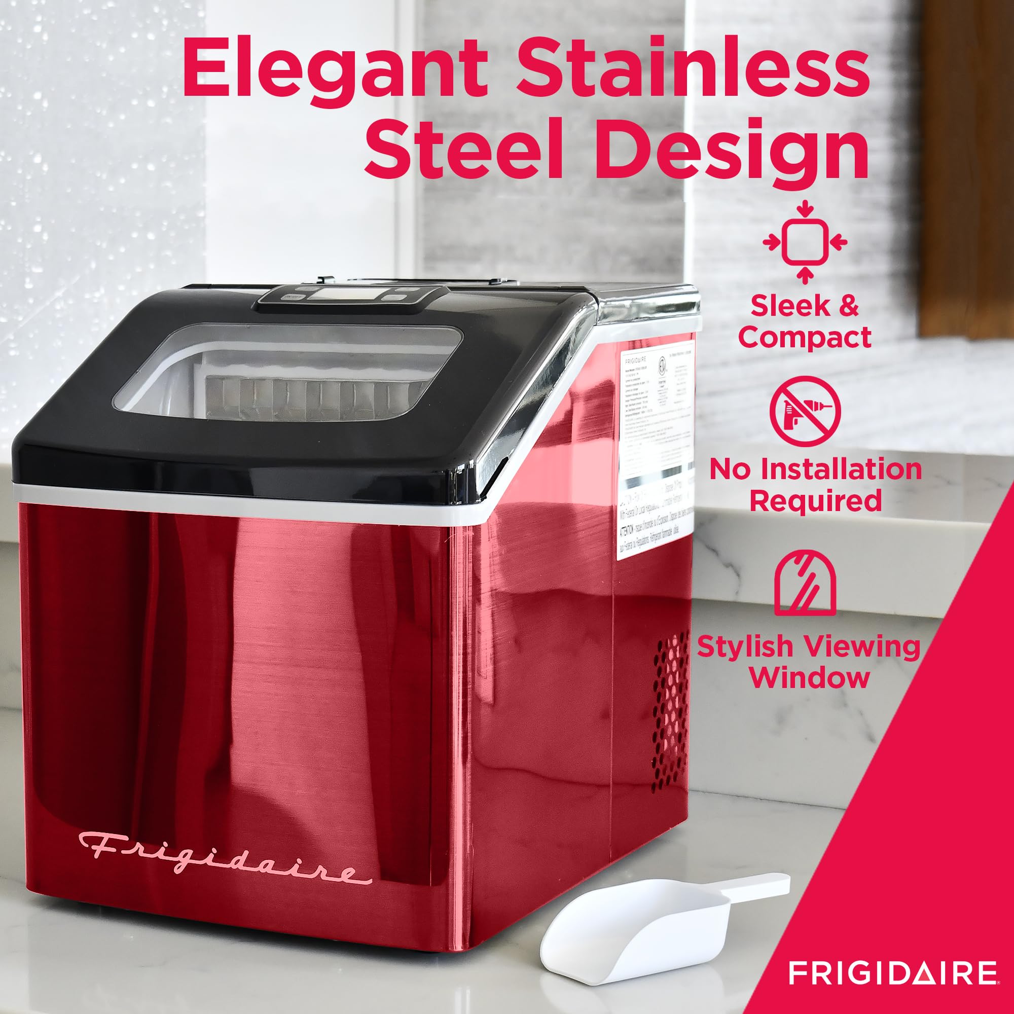 Frigidaire EFIC452-SSRED XL Commercial Ice Maker - 40 lbs. Daily Clear Square Ice Cubes, Stainless Steel & Red Finish - Perfect for Restaurants, Bars, and Home Entertaining