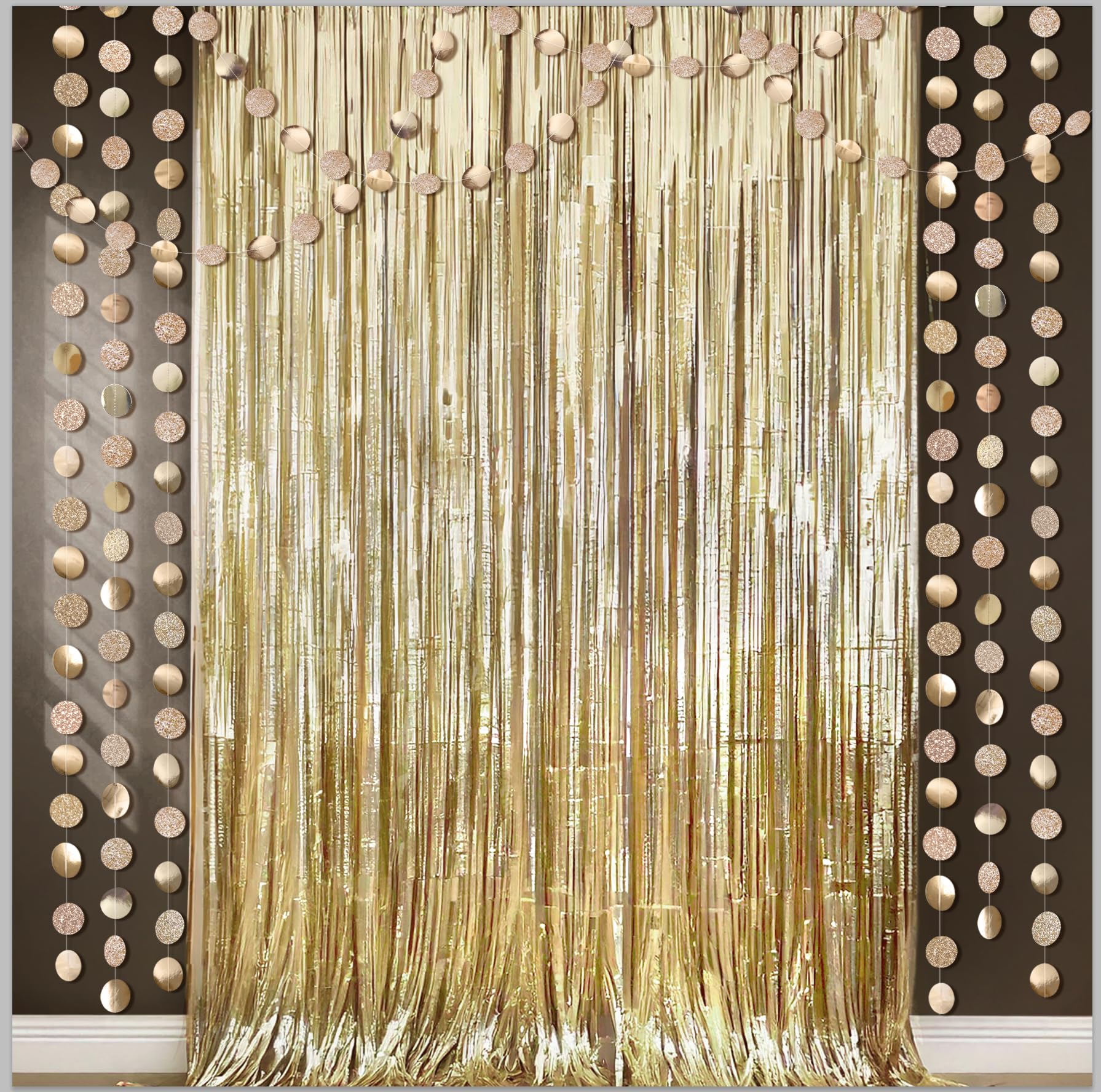 Champagne Gold Foil Tinsel Fringe Curtain Backdrop - Hanging Circle Garland for Birthday Party, Wedding, Baby Shower, Bachelorette & Graduation Decorations - Perfect for Ramadan, New Year and Holiday Party Supplies