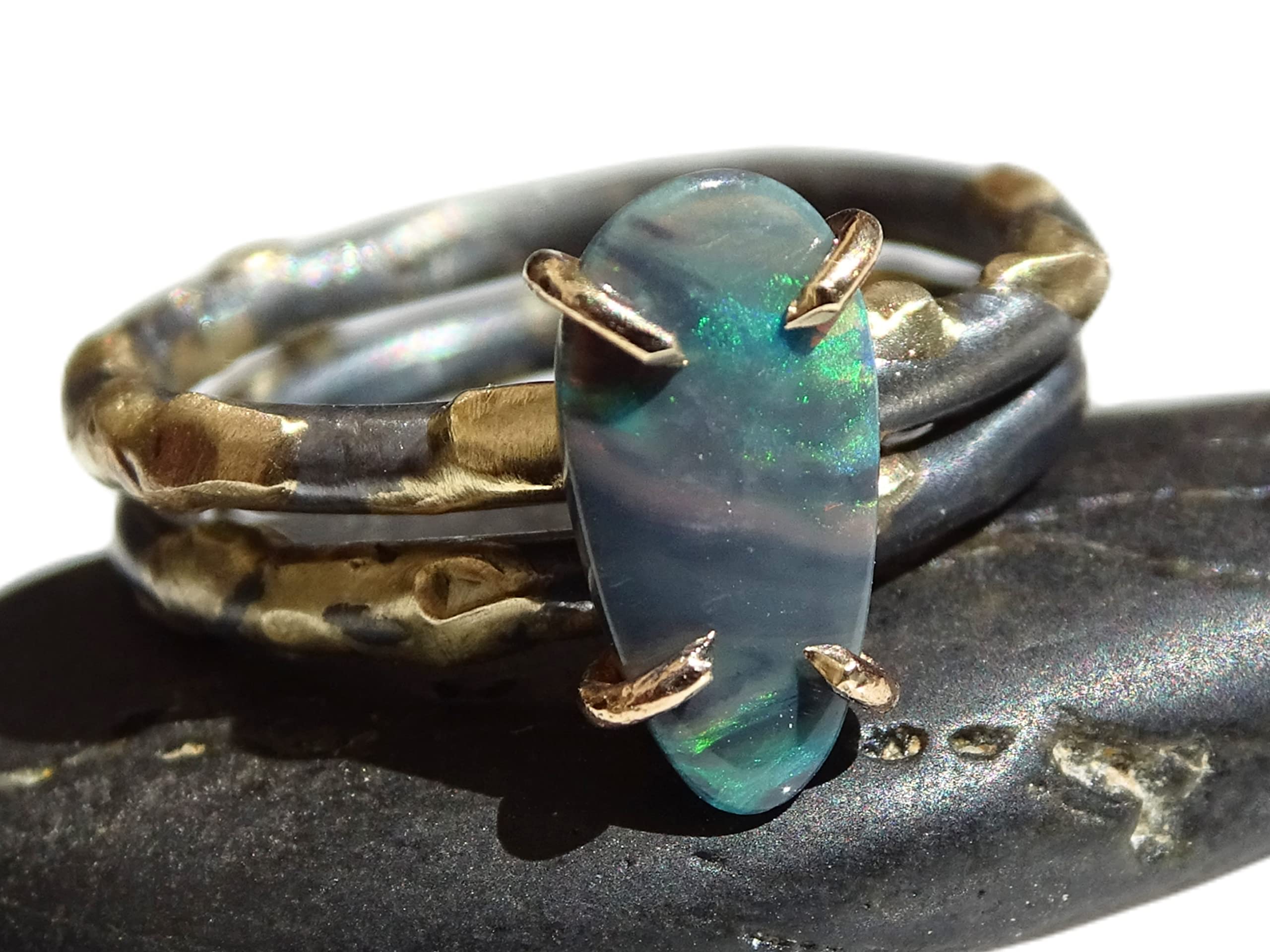 Black Opal Ring Gold & Silver, Opal Wedding Ring Set, Dainty Opal Viking Engagement Ring, Molten Opal Jewelry – Anniversary Gift for Her, Perfect for Weddings, Proposals & Special Occasions