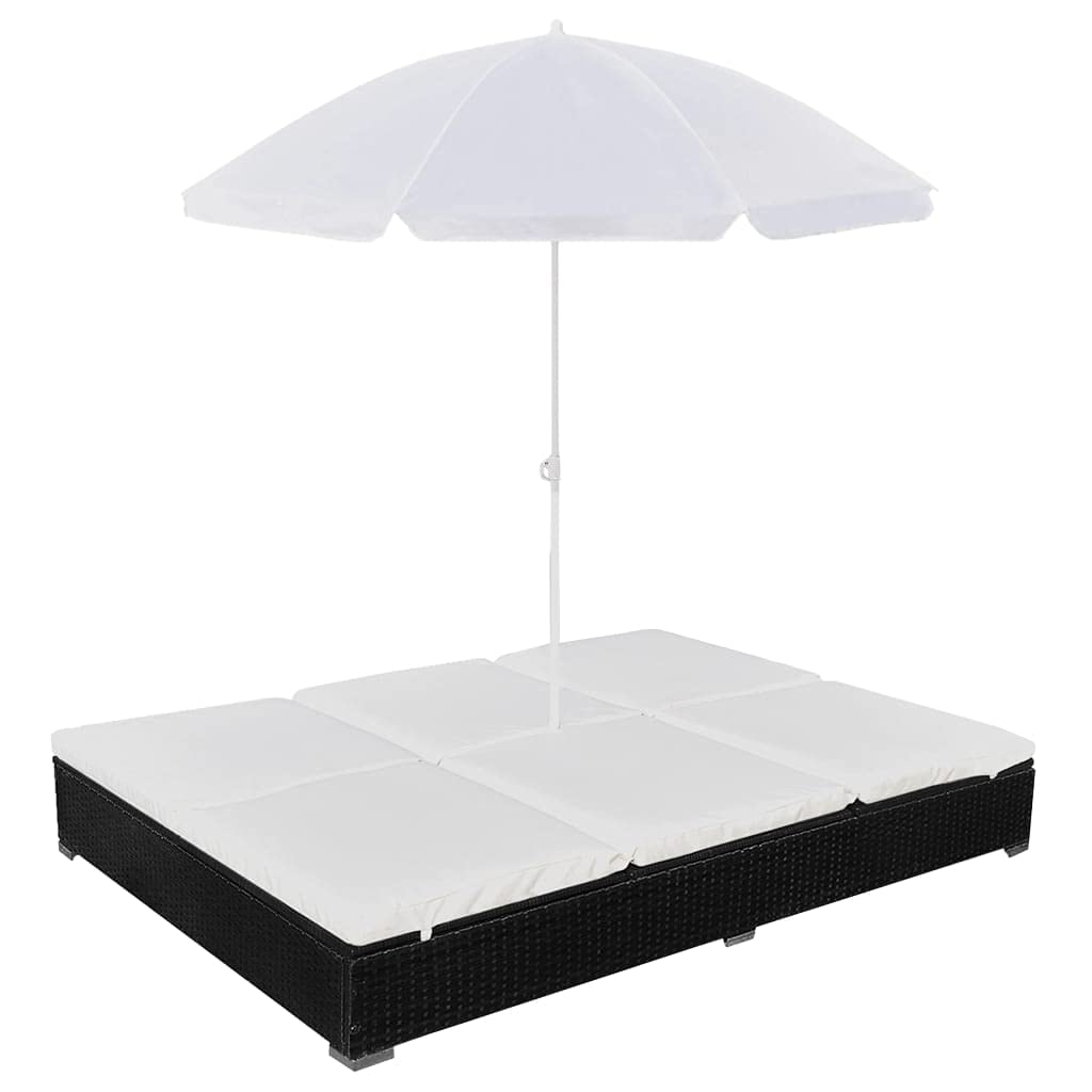 Black Poly Rattan Patio Lounge Bed with Umbrella - Outdoor Garden Reclining Couch for Poolside, Beach & Backyard Relaxation | Durable Weather-Resistant Patio Furniture for Sunbathing, Lounging & Outdoor Entertaining