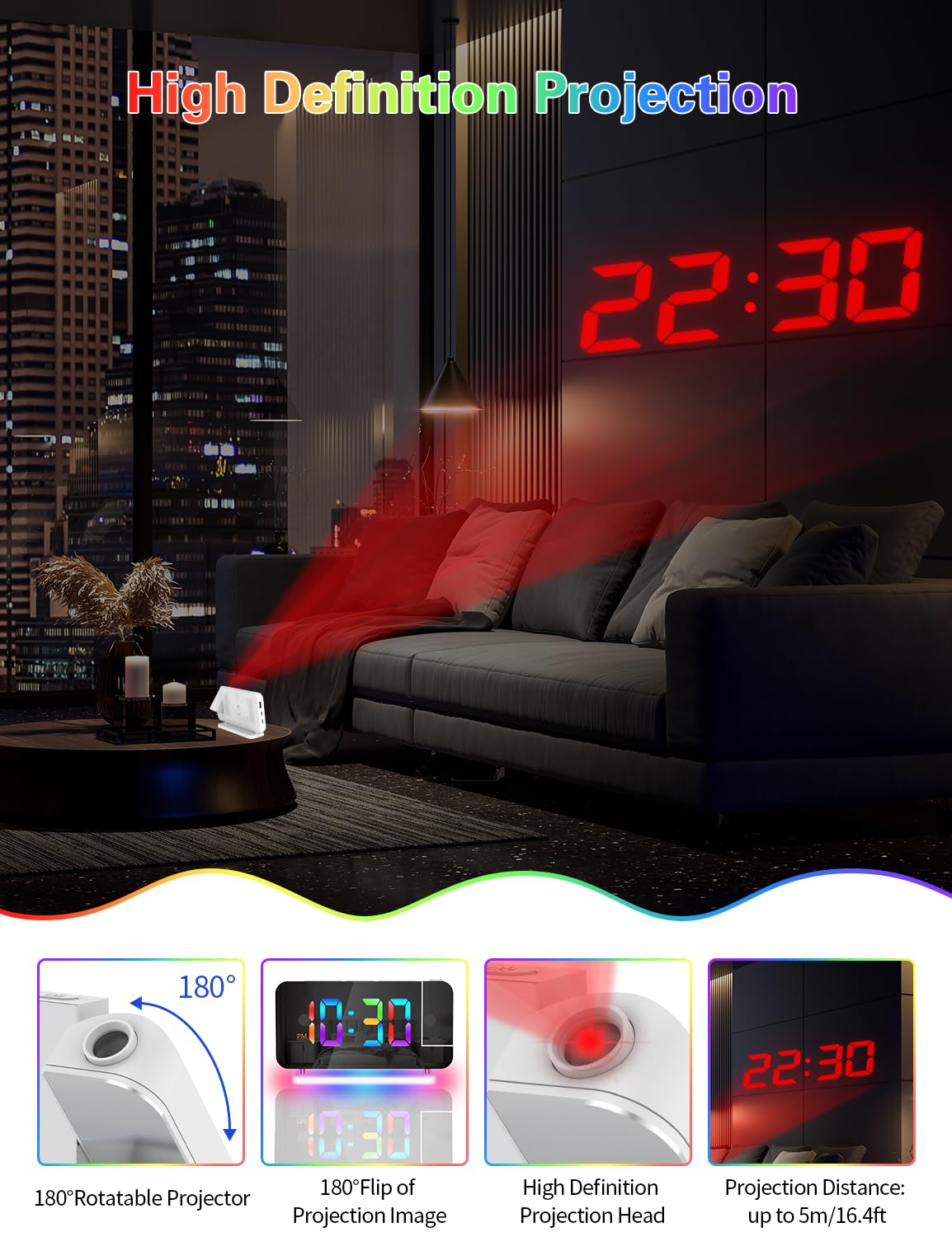 Digital Projection Alarm Clock with 180° Rotatable Projector & RGB Night Light - Auto Dimmer, Snooze, 12/24H Format, Dual USB Charger Ports - Perfect LED Desk Clock for Bedroom, Home Office & Nightstand