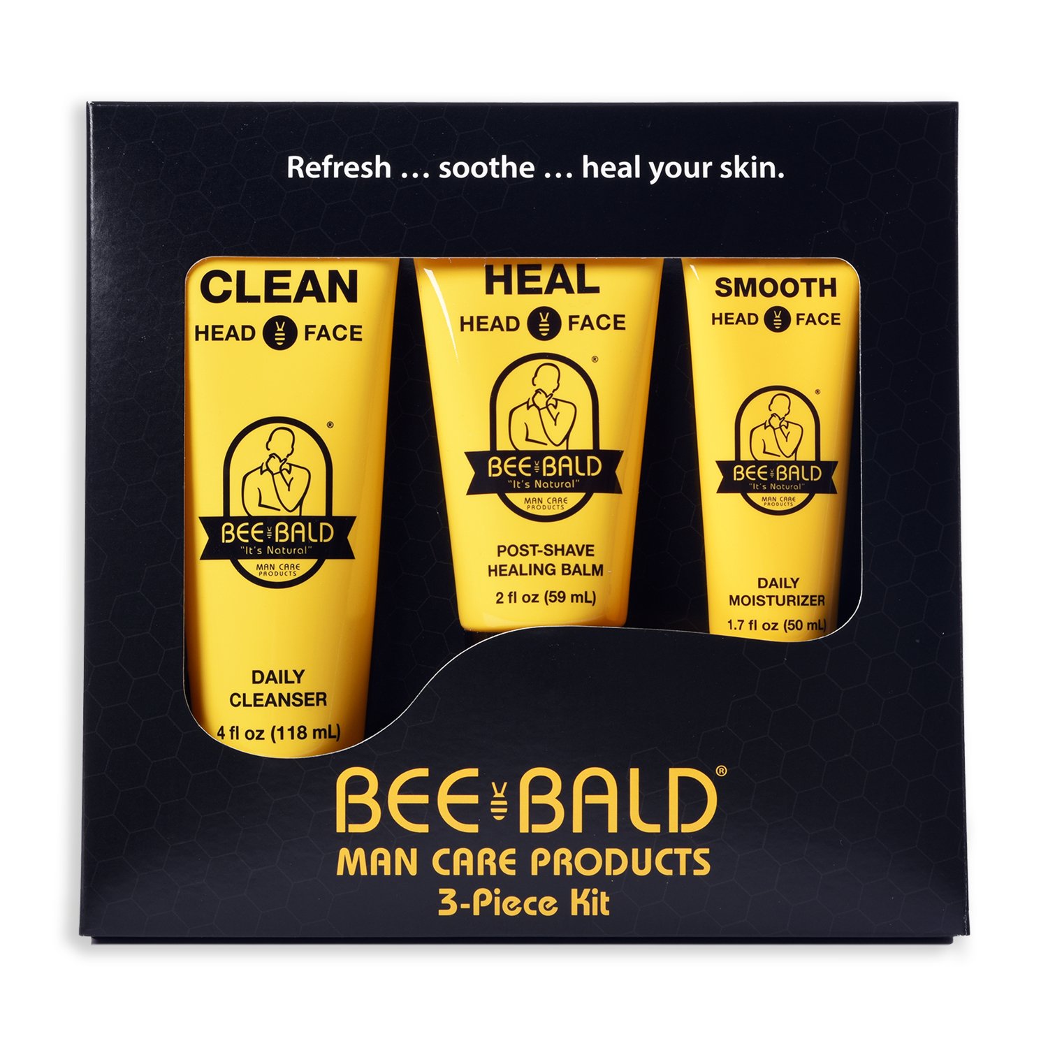 Bee Bald 3-Piece Daily Skin Care Kit - Clean, Heal & Smooth for Men | Complete Grooming Routine for Bald Heads | Ideal for Shaving, Moisturizing & Scalp Care