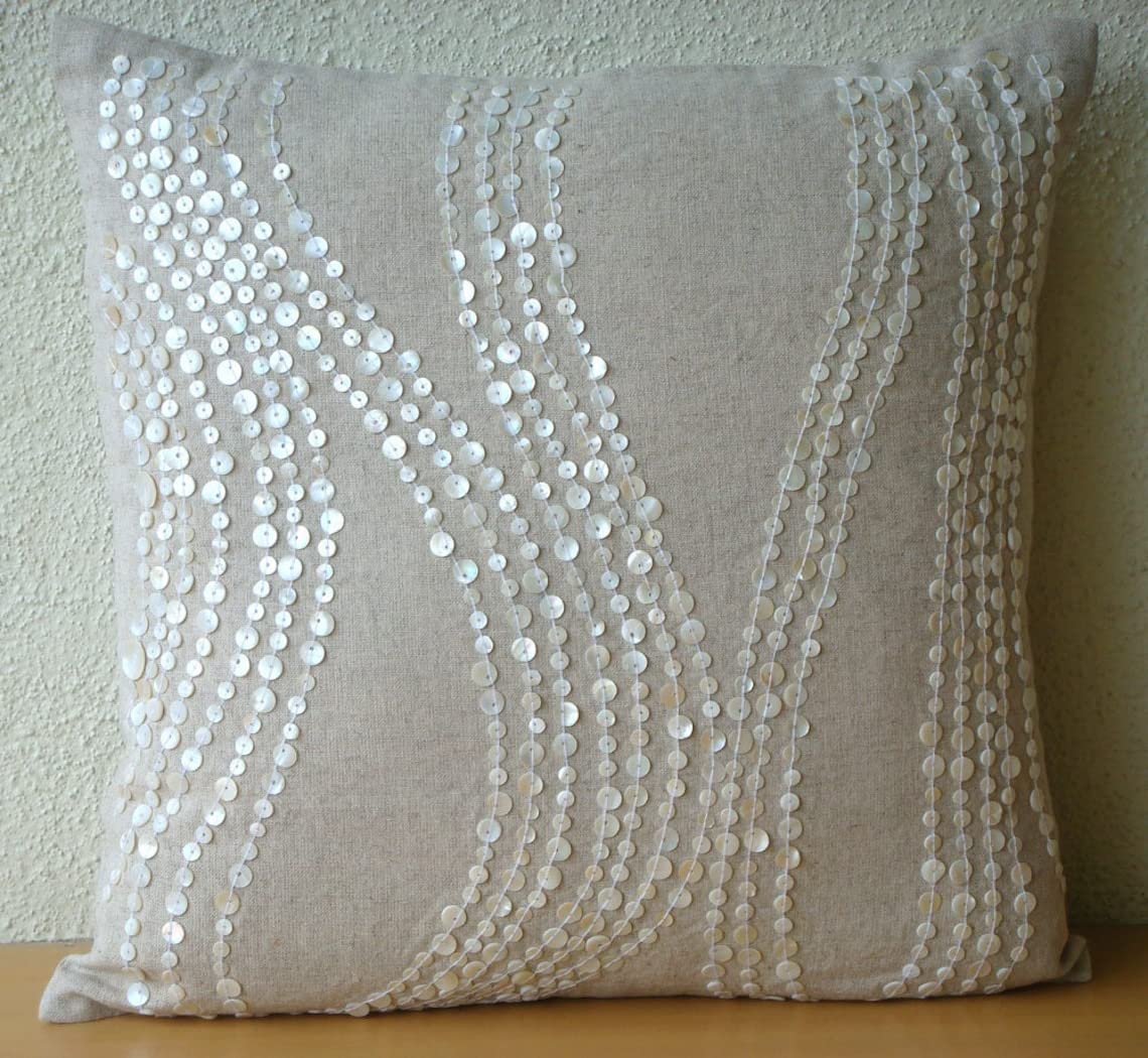 16x16 Inch (40x40 cm) Cotton Linen Decorative Pillow Cover - French Toile Design for Sofa, Bed & Living Room | HomeCentric Pearl Linen Charm Throw Pillow Covers | Breathable & Stylish Home Decor Accent