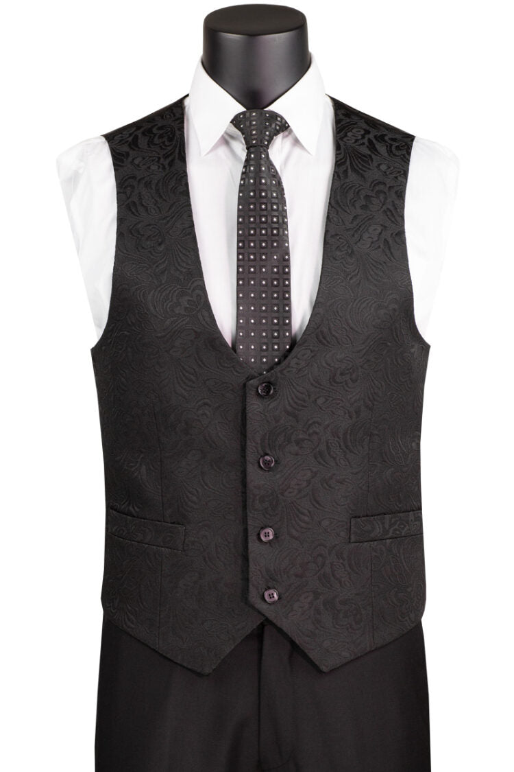 Black Slim Fit 3-Piece Jacquard Suit Set - Single Button Vest & Tuxedo Pants for Men | Formal Wear for Weddings, Prom & Business Events