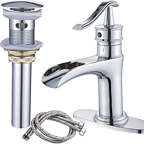 Chrome Bathroom Sink Faucet with Drain Assembly - Single Handle Waterfall Lavatory Faucet Mixer Tap, Deck Mounted with Overflow and Supply Lines - Perfect for Modern Bathrooms, Powder Rooms, and Guest Suites