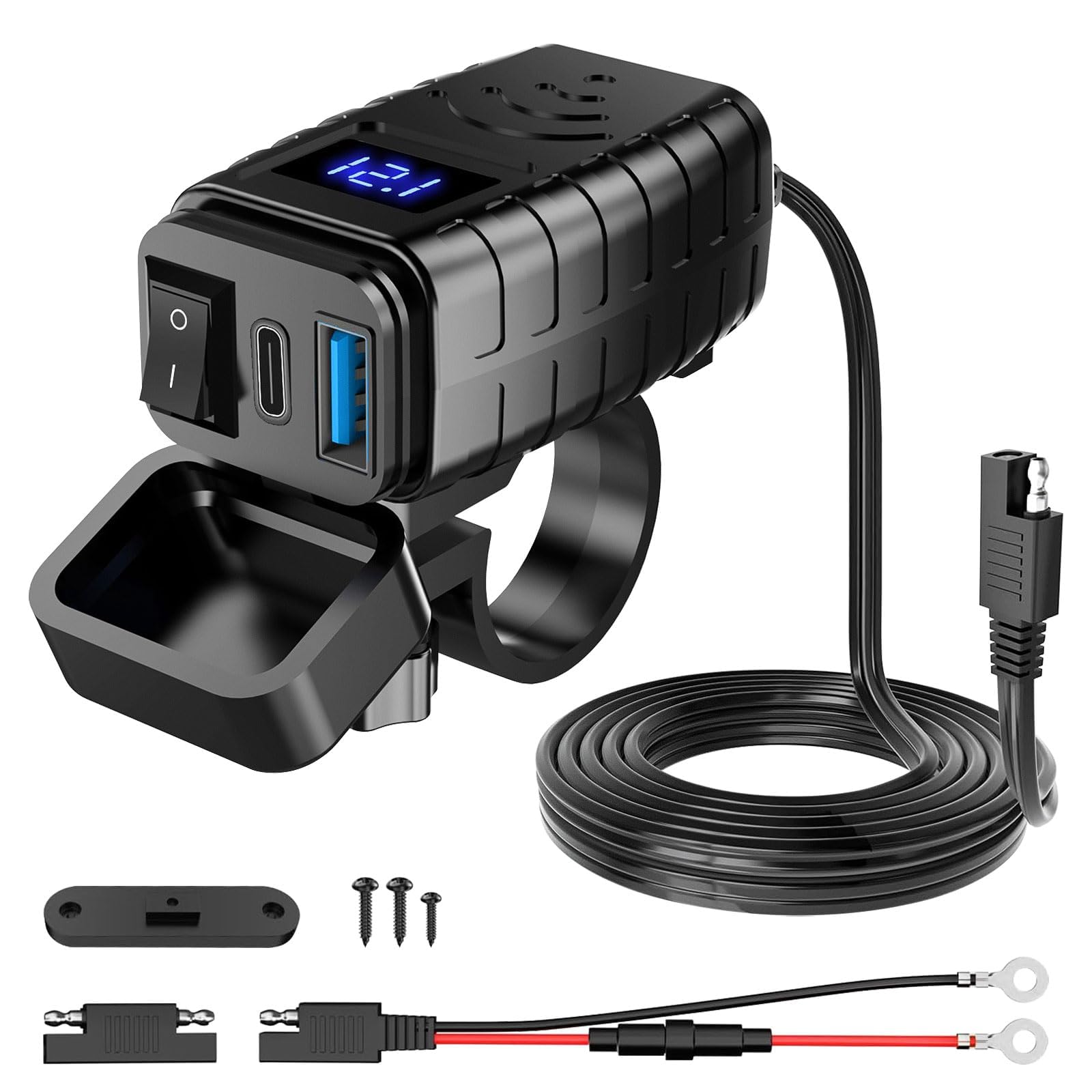 Linkstyle 6.4A Dual USB Type C PD & QC 3.0 Motorcycle Charger with Voltmeter & Switch - Waterproof Bike Phone Charger for Harley, Honda, Yamaha - Perfect for Road Trips & Commuting