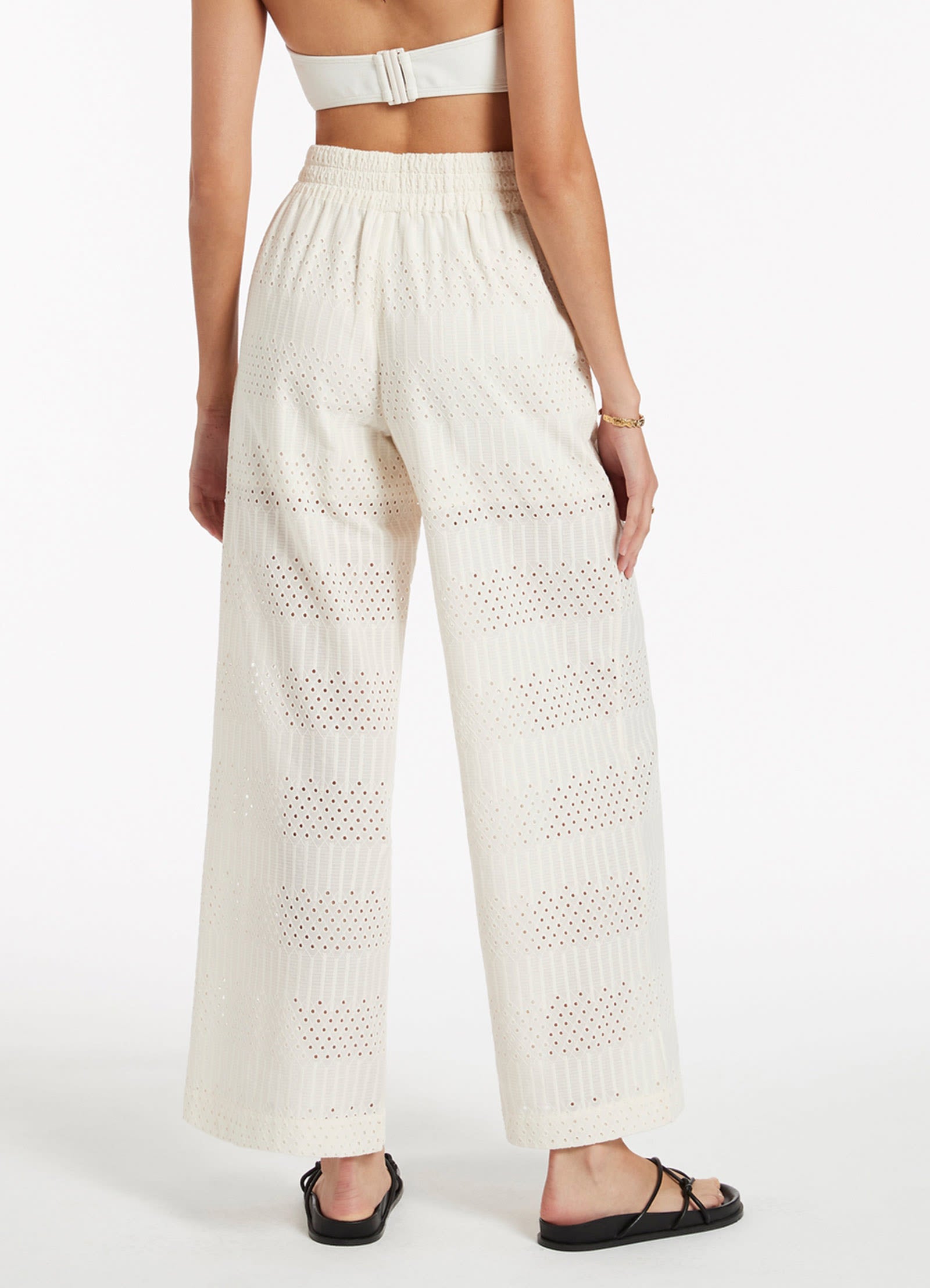 Broderie Wide Leg Pants for Women - Cream Linen High Waisted Boho Pants - Perfect for Summer, Beach, and Casual Outings