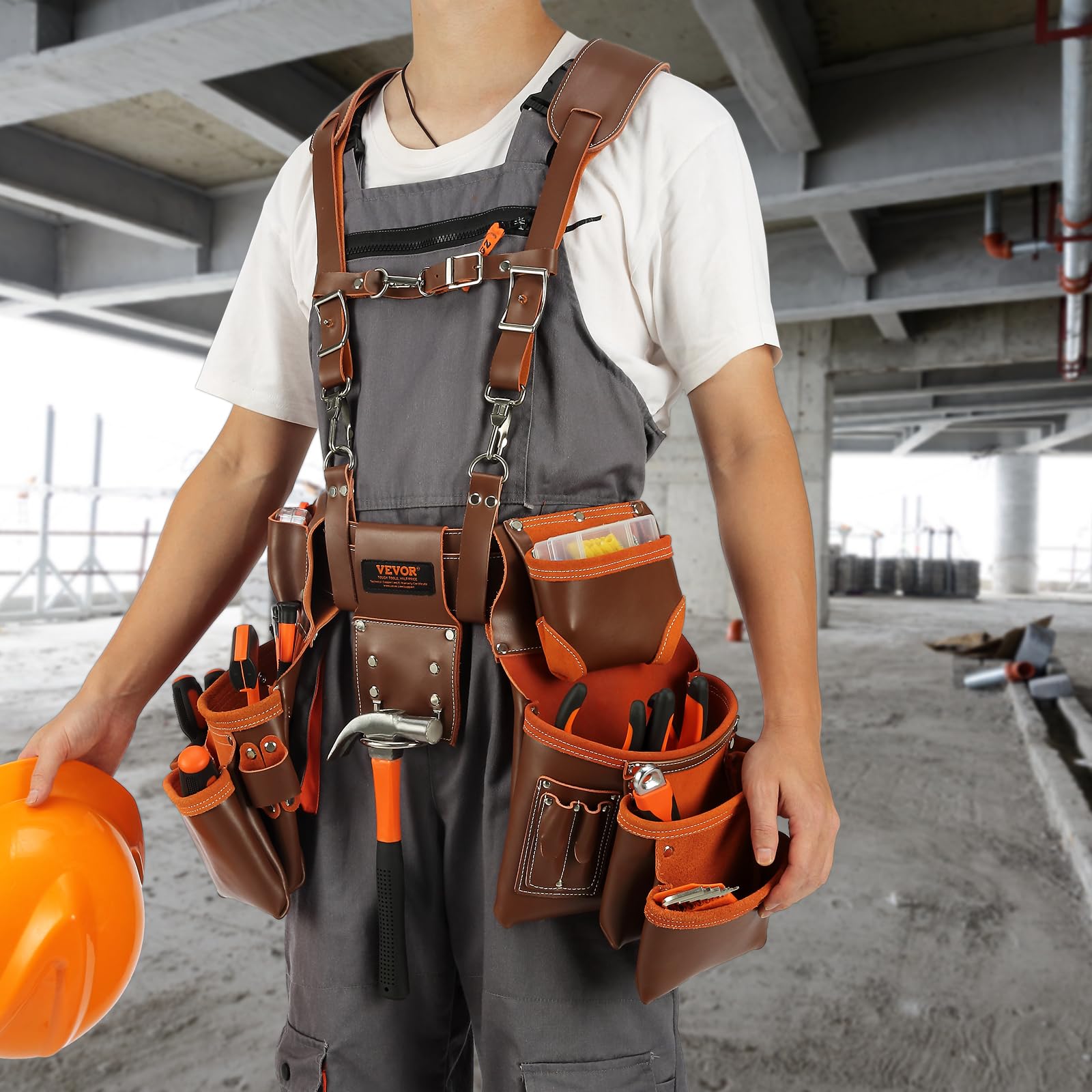 VEVOR Heavy Duty Leather Tool Belt with Suspenders - 19 Pockets Adjustable Waist 29-54 inches - Professional Carpenter Electrician Gardening Work Belt - Perfect for Construction, Woodworking & Outdoor Projects (Brown)