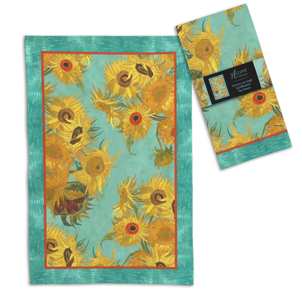 Van Gogh Sunflowers Tea Towels - 18 x 28 Inches, 100% Cotton Super Soft & Absorbent Kitchen Dish Towels (1 Count) - Perfect for Drying Dishes, Hand Washing & Vintage Kitchen Decor