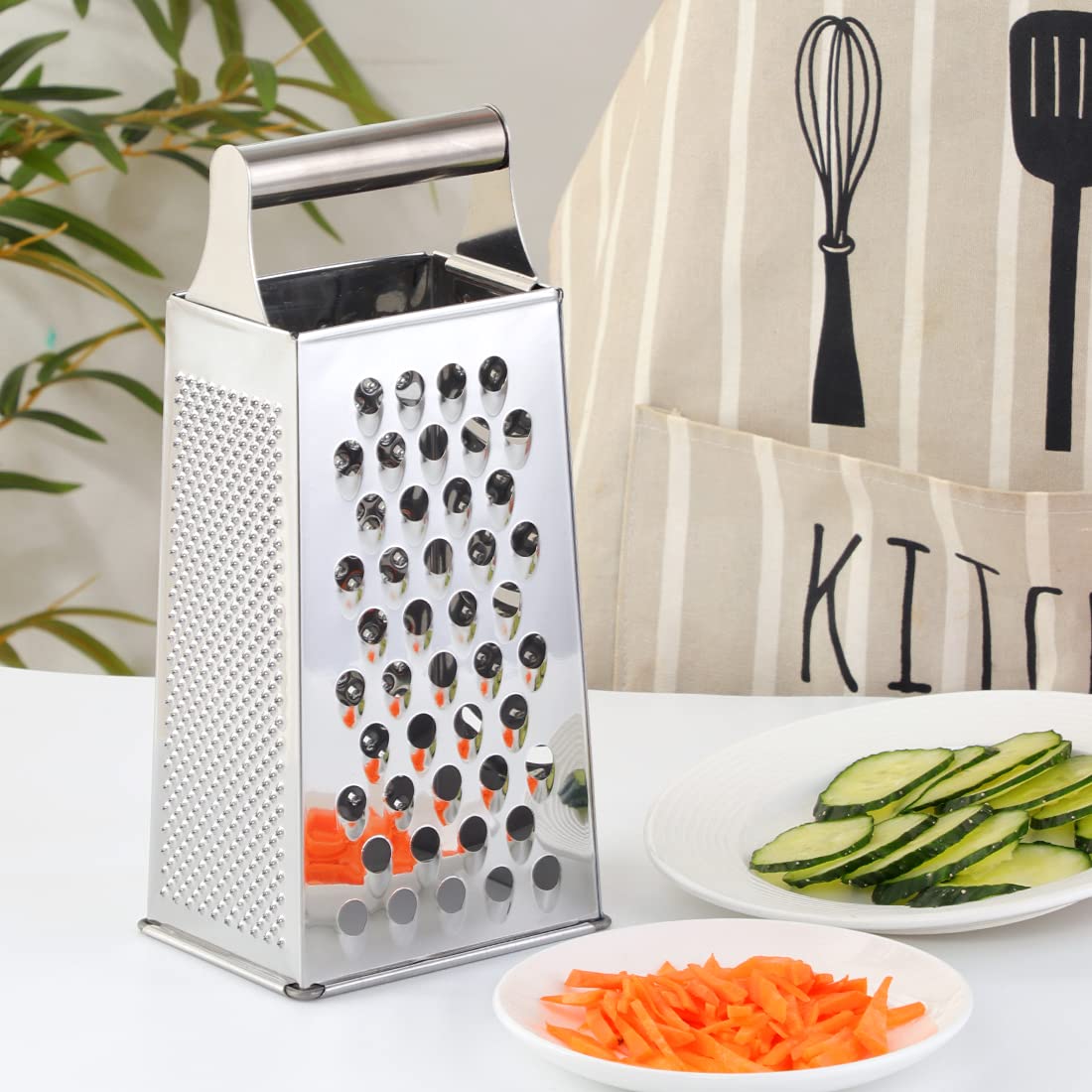 QOBIMOON 4-Sided Stainless Steel Box Grater - 9.2 Inch Large Cheese Grater & Vegetable Slicer for Parmesan, Fruits, Ginger - Perfect for Kitchen, Cooking, Meal Prep & Salad Making (Silver)