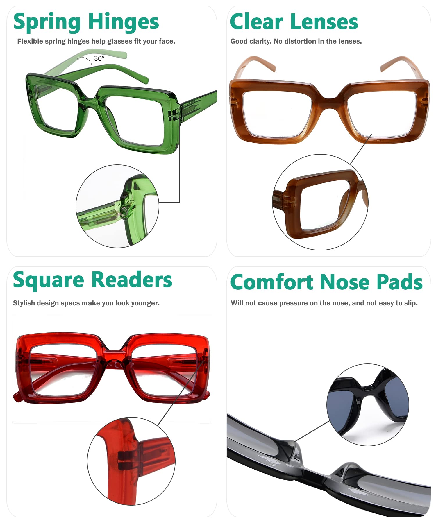 Eyekepper 5-Pack Stylish Square Reading Glasses for Women +1.75 Magnification - Perfect for Reading, Computer Use, and Close Work