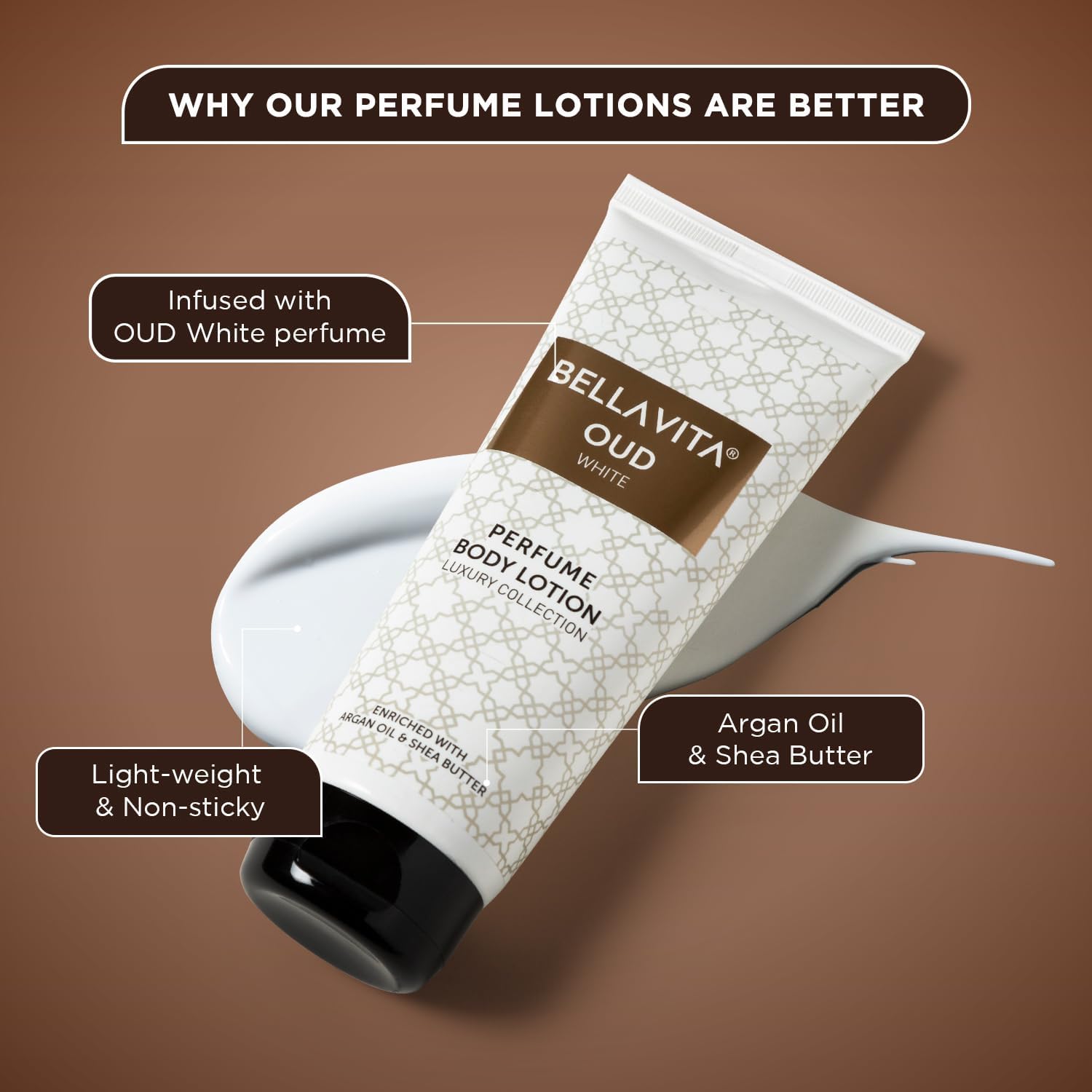 Bell'a Vit'a Luxury OUD WHITE Perfume Body Lotion - Nourishing & Hydrating with Argan Oil & Shea Butter (200ml) for Soft, Supple & Healthy Skin | Perfect for Daily Moisturizing, Gift Giving & Aromatherapy