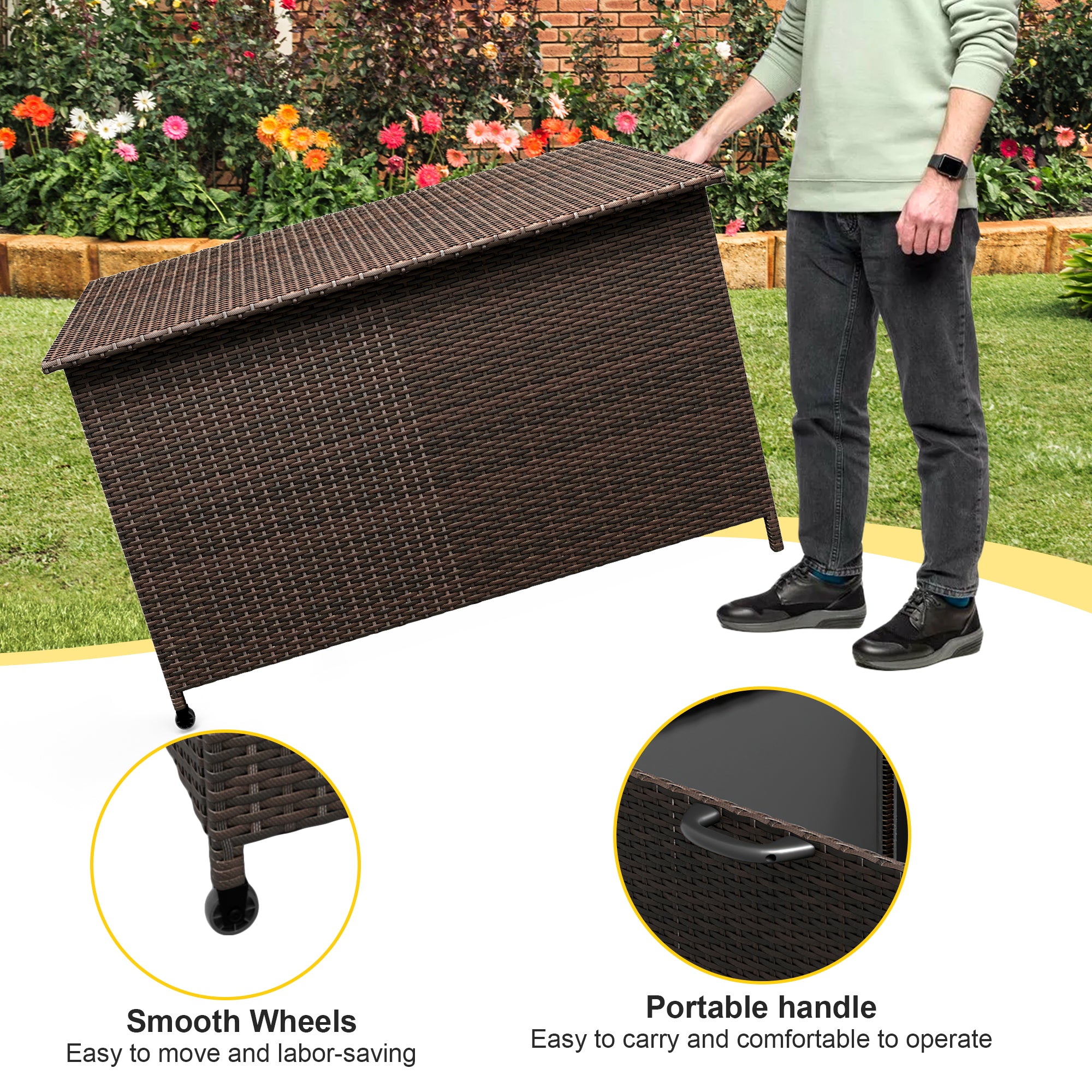 **GARVEE 182 Gallon Large Outdoor Deck Box with Wheels - Waterproof Rattan Storage for Patio Cushions, Pool Toys & Garden Accessories - Flip Lid Design, Easy Assembly, Dark Brown Gradient - Perfect for Backyard, Poolside & Patio Organization**