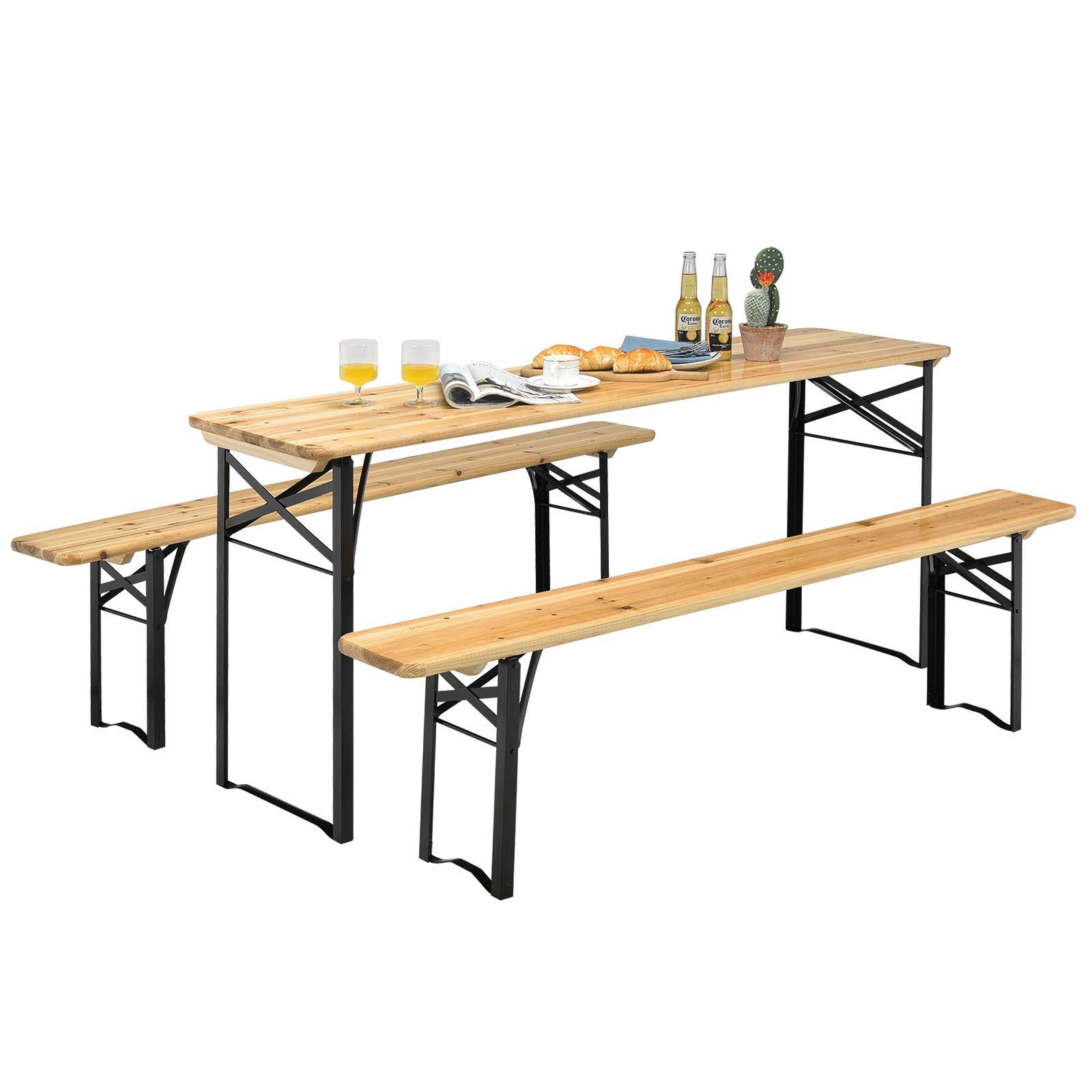 Giantex 70'' 3-Piece Portable Folding Picnic Table Set with Wooden Top & Benches - Outdoor Dining, Camping, Backyard BBQ, Patio, Garden & Beach Use - 30'' Height Perfect for Parties & Picnics