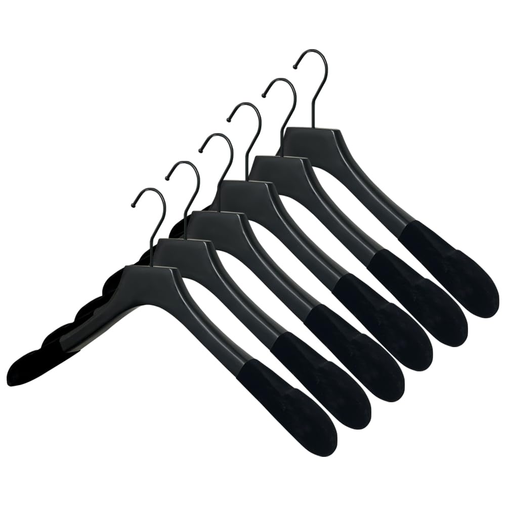 Premium Wooden Clothes Hangers - Heavy Duty Non-Slip Coat Hangers for Suits, Pants & Jackets - Wide Shoulder Design with Black Velvet Finish (12-Pack) - Perfect for Closet Organization & Luxury Wardrobe Storage