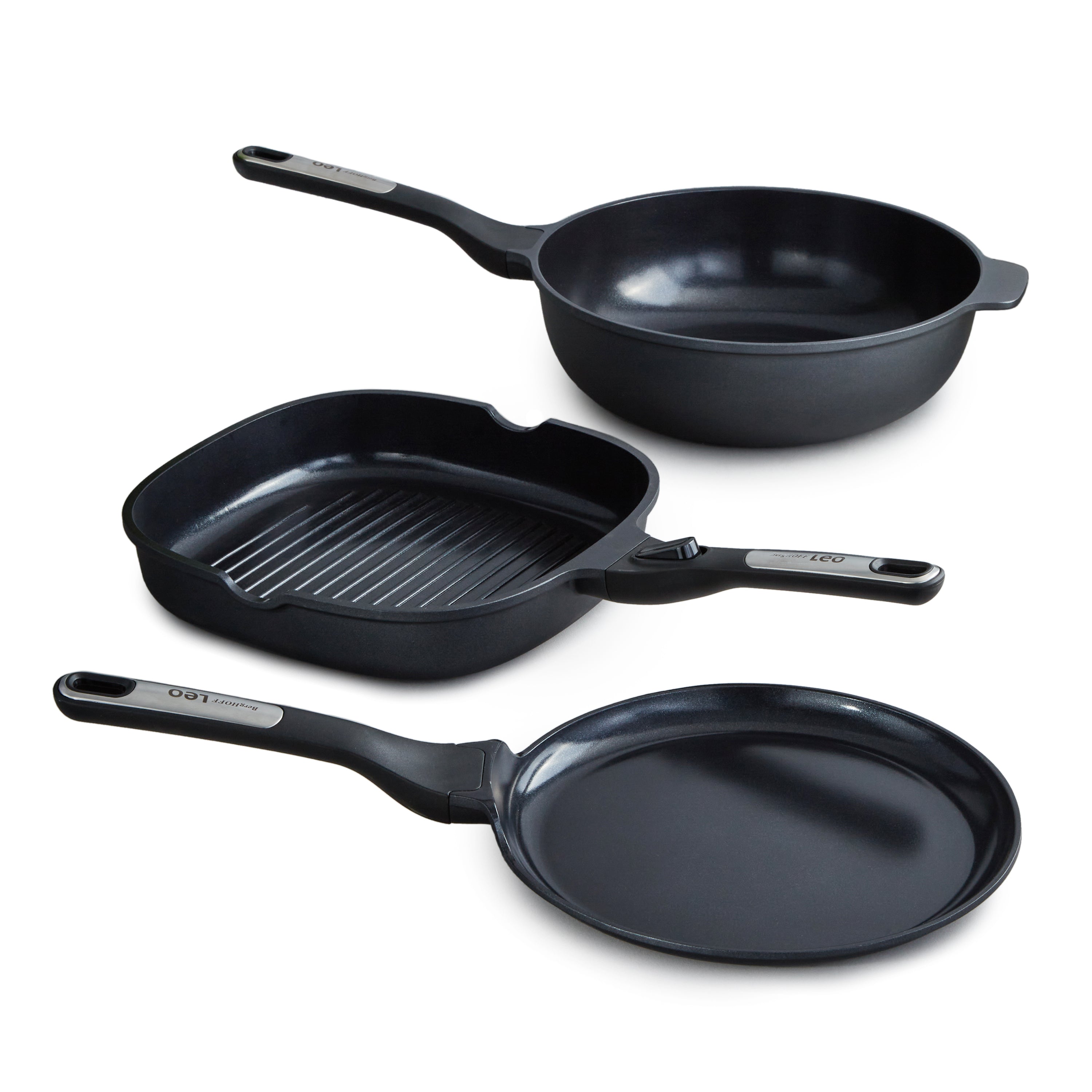 BergHOFF Leo Phantom 3-Piece Nonstick Ceramic Cookware Set - Recycled Aluminum, Eco-Friendly Kitchenware for Healthy Cooking | Perfect for Frying, Sautéing & Serving Dishes