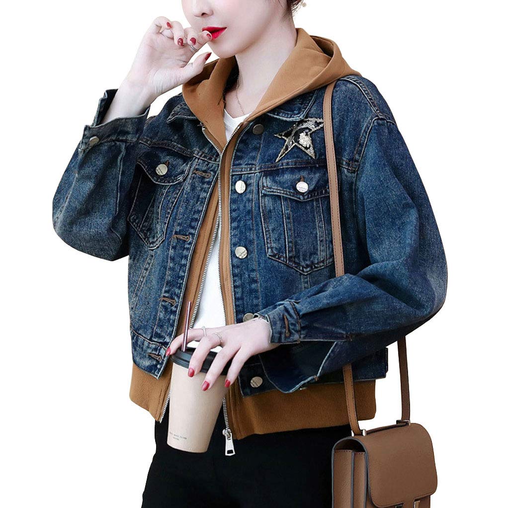 Ebossy Women's Distressed Sequin Star Denim Jacket - Cropped Hooded Jean Jacket for Casual Outfits & Night Out
