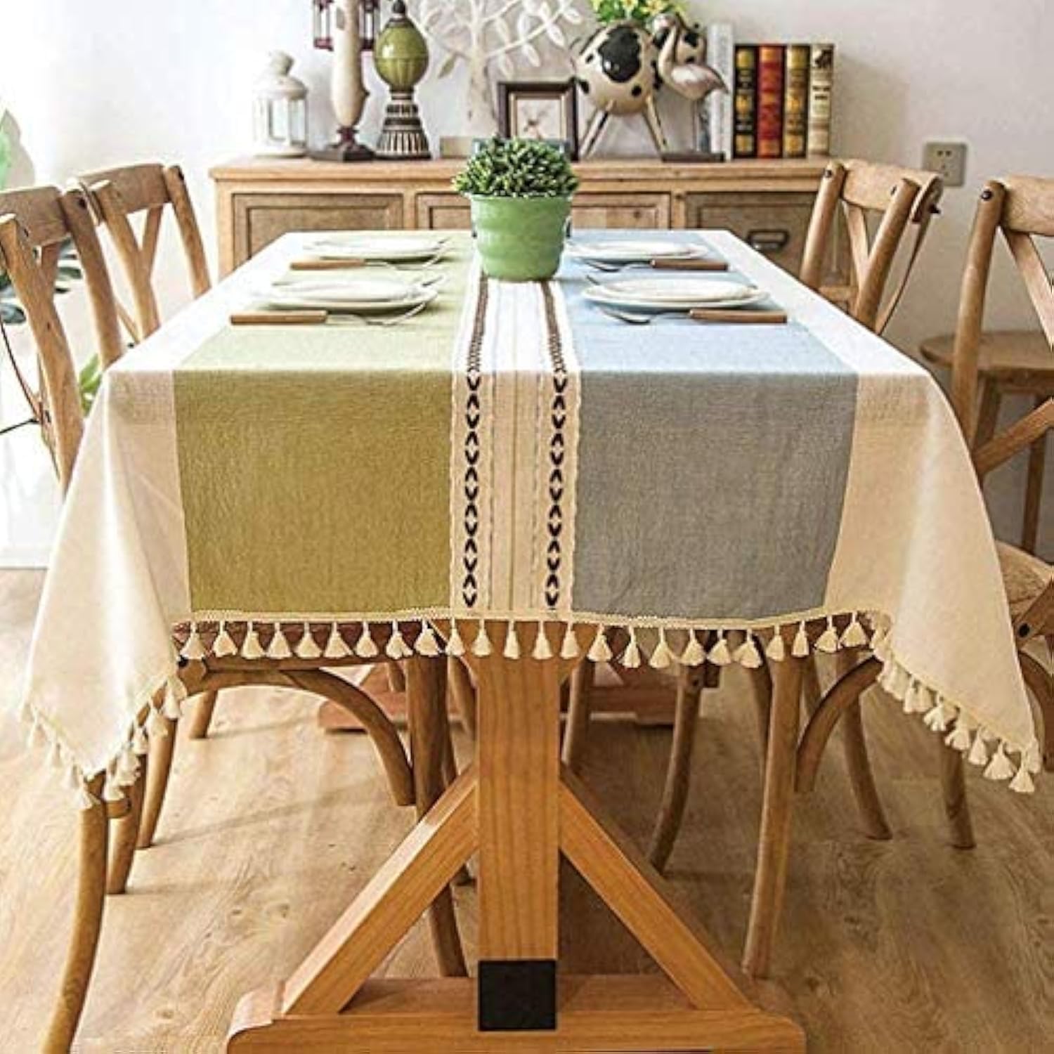 Rustic Cotton Linen Tablecloth with Tassels - Wrinkle Free Holiday Dining Table Cover for Rectangle/Oblong Tables (55 x 71 Inch, Light Blue Green) - Perfect for Thanksgiving, Christmas Dinner & Farmhouse Decor