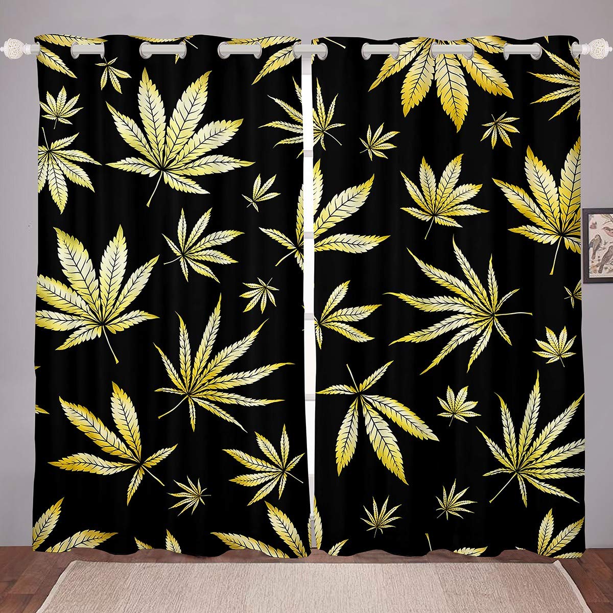 Bohemian Cannabis Leaf Window Curtains - 52x96 Inch Black & Yellow Trippy Marijuana Drapes with Grommets (Set of 2 Panels) for Living Room, Bedroom & Hippie Decor