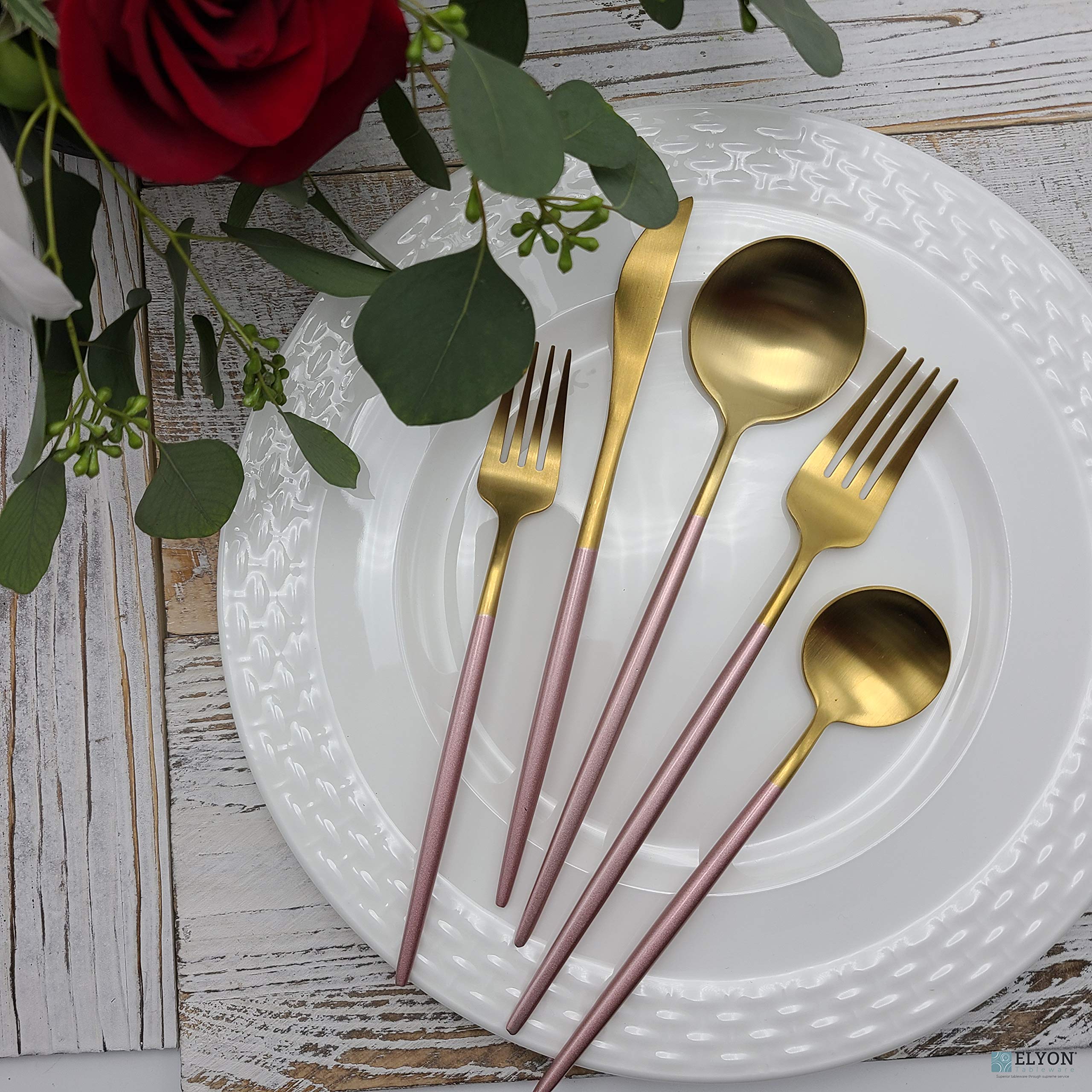 Elyon Lea 20-Piece Matte Gold and Pink Flatware Set - 18/10 Stainless Steel Silverware with Pink Thin Handles & Gold Finish Cutlery - Service for 4 - Perfect for Dinner Parties, Weddings, and Elegant Home Dining