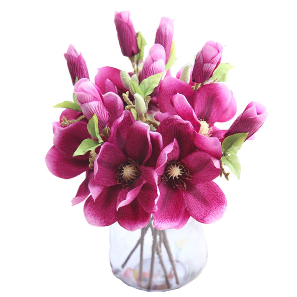 5 Pack Artificial Magnolia Denudata Flowers - Realistic Fake Floral Stems for Home, Office, Birthday Party Decor - Deep Red Leaf Magnolia Arrangement (Perfect for Wedding Centerpieces, Spring Decor & Tabletop Displays)