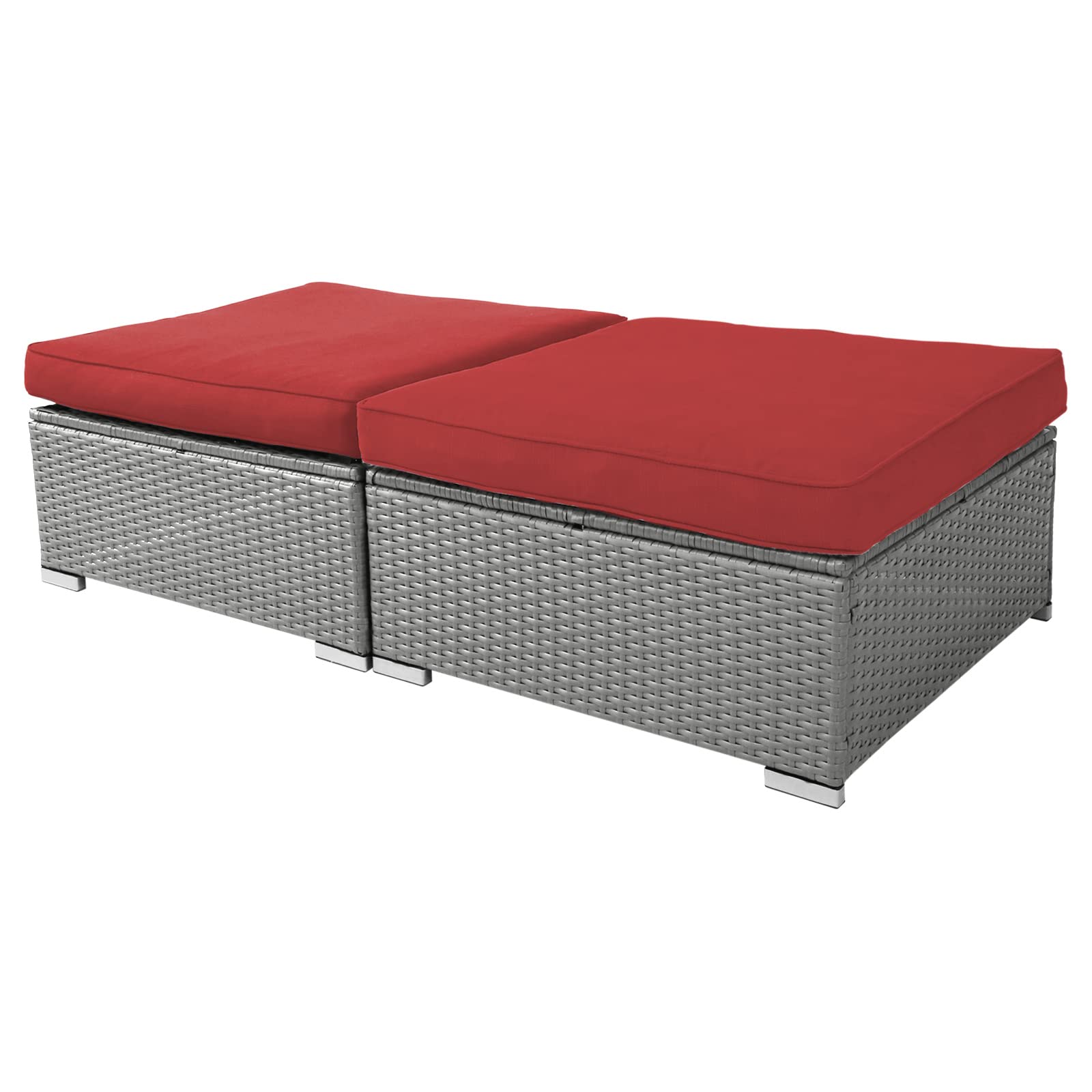 2-Piece Outdoor Ottoman Set - All-Weather Grey Wicker Footstool & Footrest with Removable Cushions - Patio Rattan Sectional Furniture for Balcony, Backyard, Garden - Perfect for Relaxing, Entertaining & Outdoor Decor (Red)