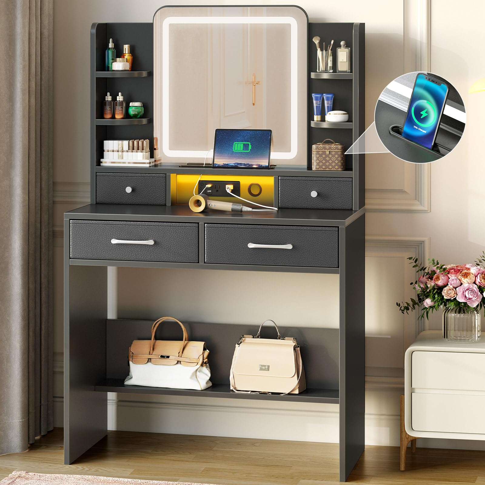GREENSTELL Vanity Desk with Mirror & LED Lights - 31.5 Inch Makeup Dressing Table with 11.6