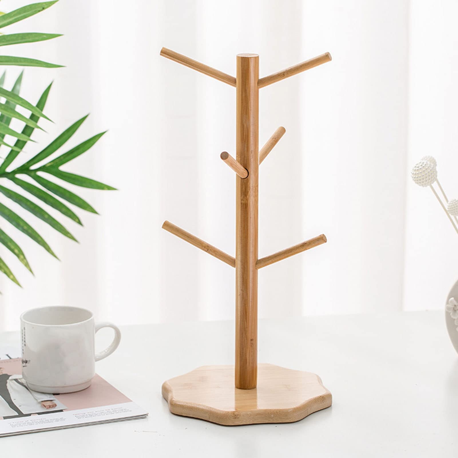 Bamboo Mug Tree with 6 Hooks & Octagon Base - Countertop Coffee Cup Holder Stand - Durable Removable Mug Organizer for Kitchen, Office, or Cafe Use