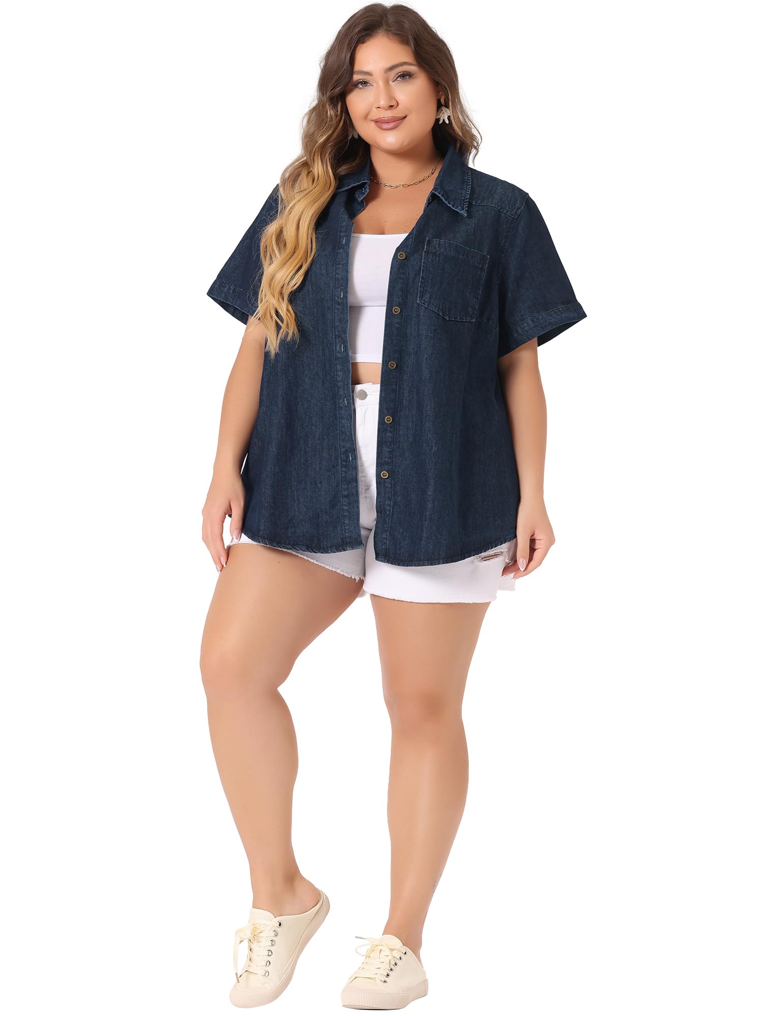 Plus Size Women's Denim Shirt - Short Sleeve Western Button Down Top for Casual Outings
