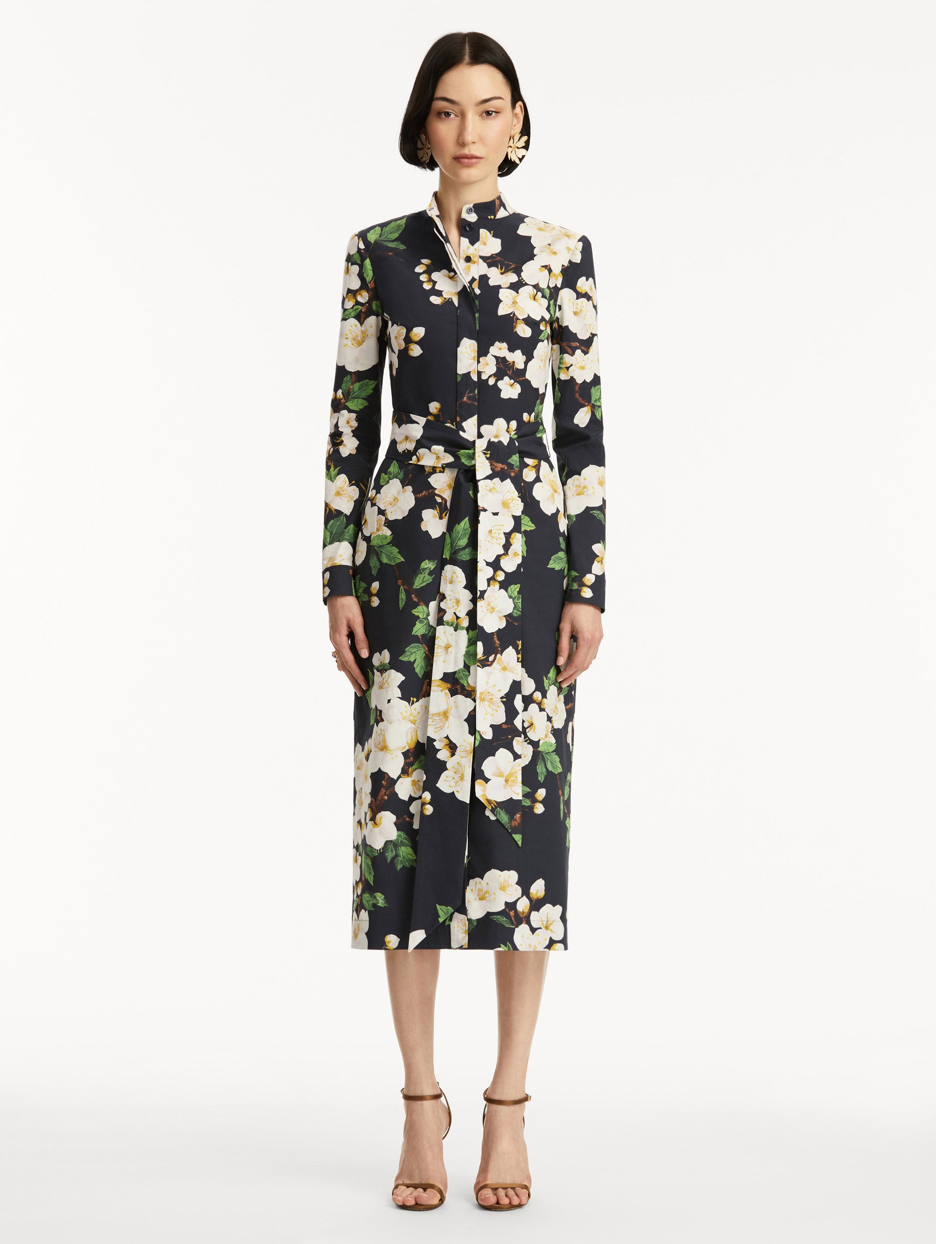 Cherry Blossom Floral Print Cotton Poplin Pencil Dress for Women - Elegant Office & Spring Wedding Guest Outfit