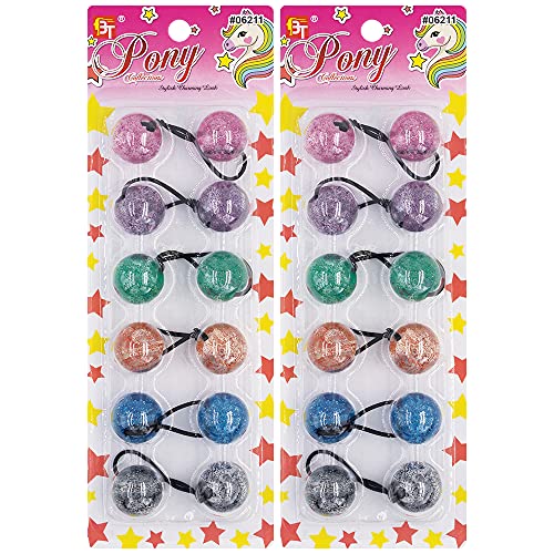 12 Pcs 25mm Glitter Galactic Hair Ties with Balls - Bubble Twinbead Ponytail Holders for Girls, Kids & Toddlers - Assorted Colors (Perfect for School, Sports & Daily Hairstyles)