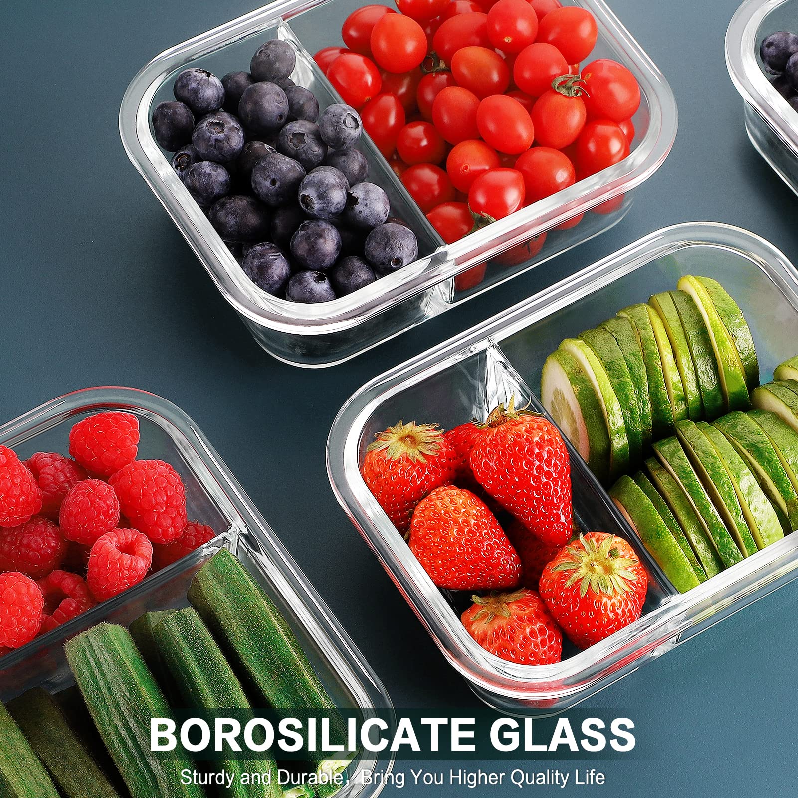 Bayco 10-Pack Glass Meal Prep Containers with 2 Compartments - Airtight BPA-Free Food Storage Containers & Leak Proof Lunch Bento Boxes (10 Lids + 10 Containers, Grey) - Perfect for Meal Prepping, Office Lunches & Healthy Eating On-The-Go