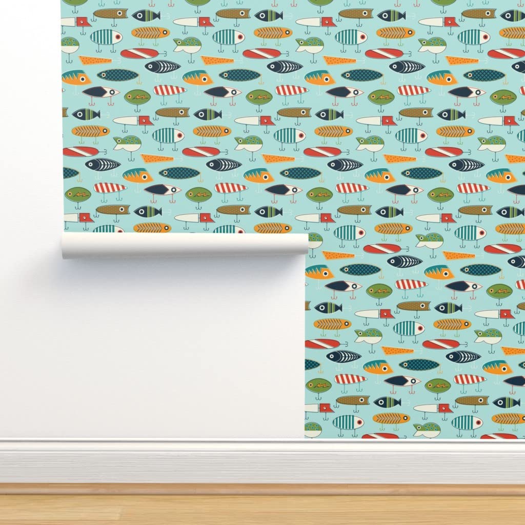 12ft x 2ft Removable Vintage Fishing Lure Wallpaper - Waterproof Peel & Stick Self-Adhesive Wallpaper for Bedroom, Kitchen, Bathroom Decor - Retro Antique Fish Design by Spoonflower