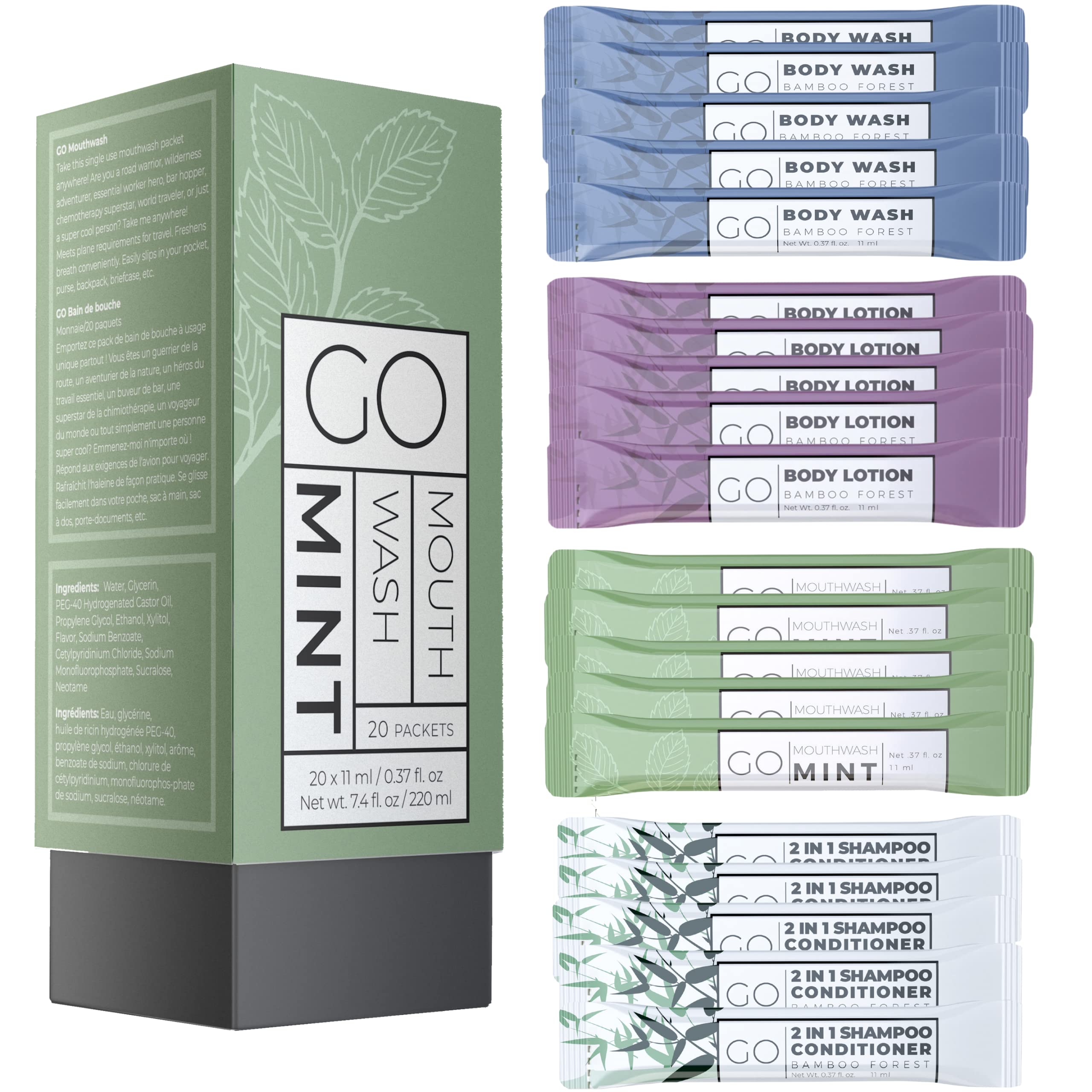 Go Mouthwash 20-Pack Bundle with Essential Oral Care Products - Fresh Breath Solution for Home, Travel & Office Use