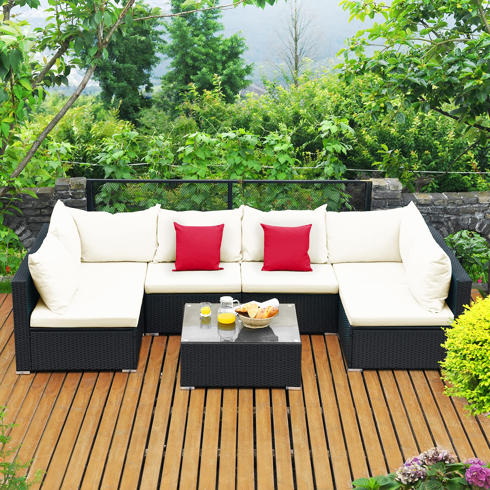 Tangkula 7-Piece Outdoor Patio Furniture Set - Beige Wicker Sectional Sofa with Pillows, Cushions, Coffee Table & Side Table for Garden, Lawn, Backyard & Poolside Relaxation