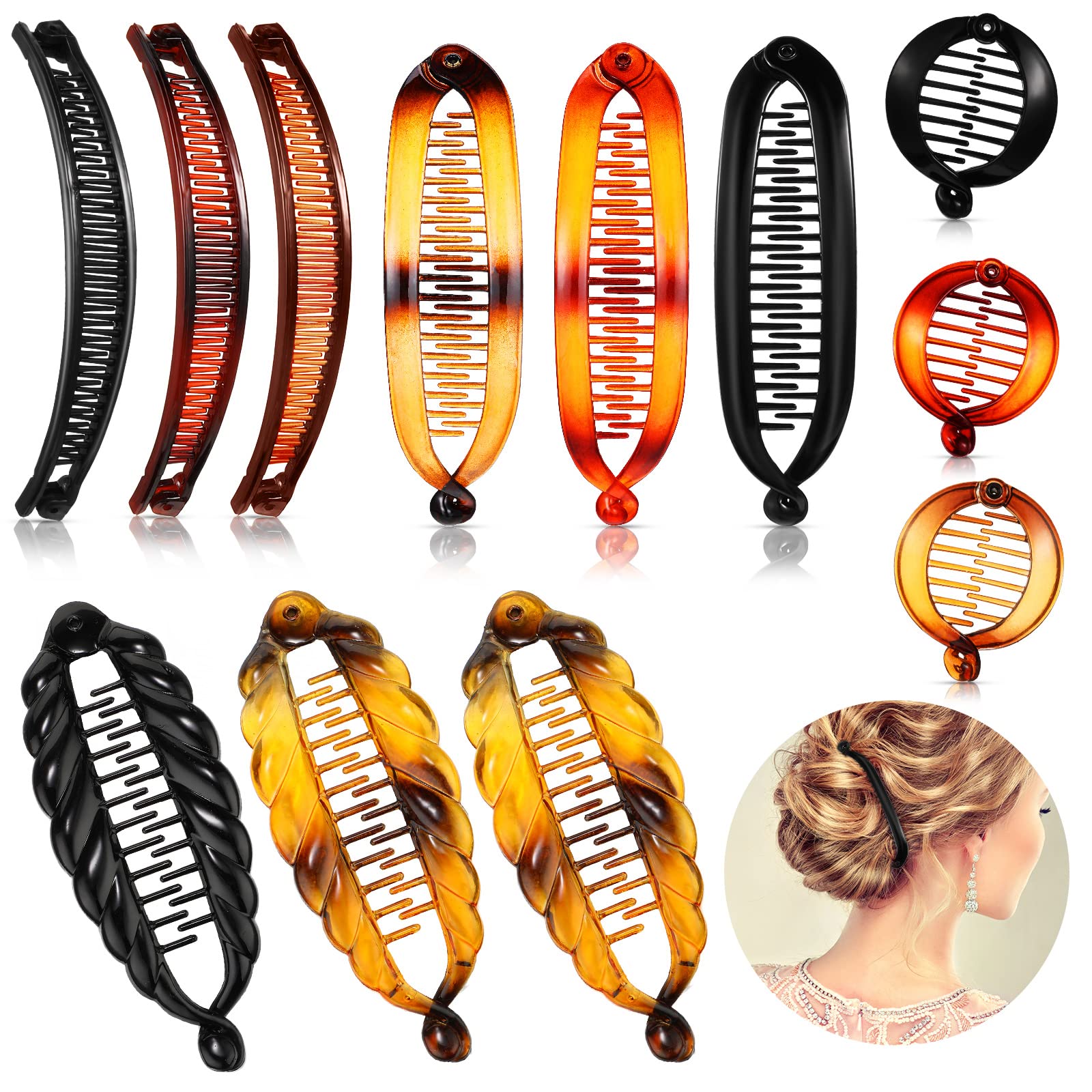 12 Pcs Banana Hair Clips for Women - Classic Double Combs Large Fishtail Hair Clips & Ponytail Holders (4 Styles: Black, Yellow Tortoiseshell, Red Tortoiseshell, Dark Coffee) - Perfect for School, Work, Parties & Everyday Hairstyling