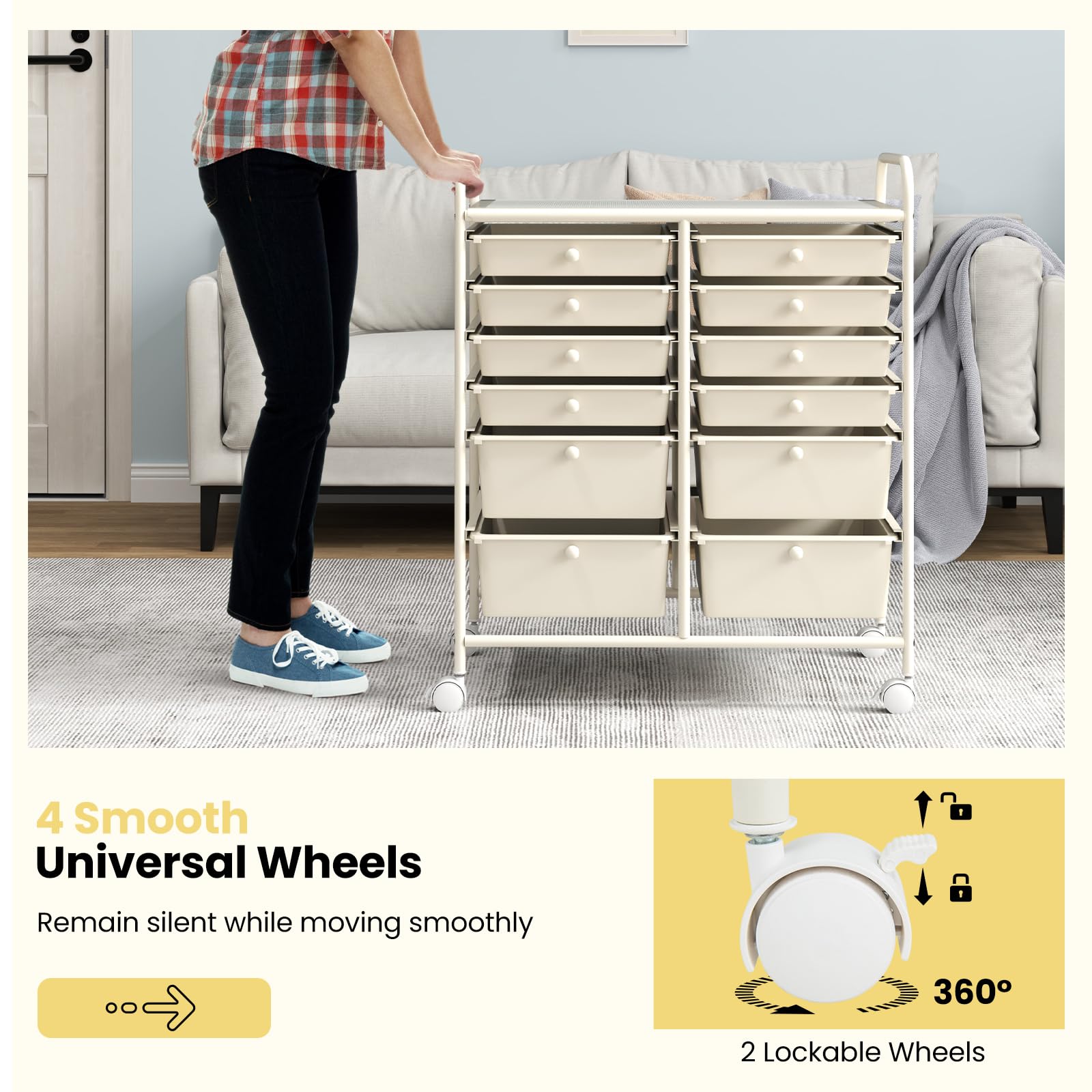 LDAILY 12-Drawer Rolling Storage Cart with Metal Frame - Large Capacity Craft Organizer on Wheels for Classroom, Office & Home Use - Smooth Gliding Drawers (White) - Perfect for Art Supplies, Stationery & Office Organization